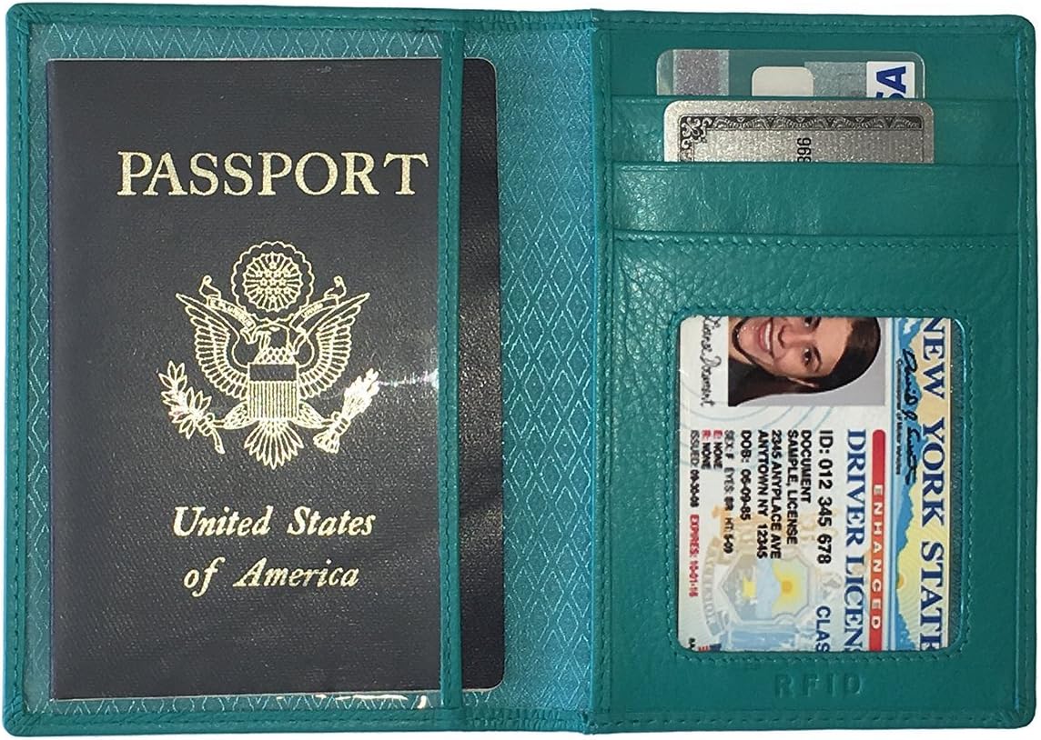 Personalized Monogrammed Teal Leather RFID Passport Wallet and 2 Luggage Tags