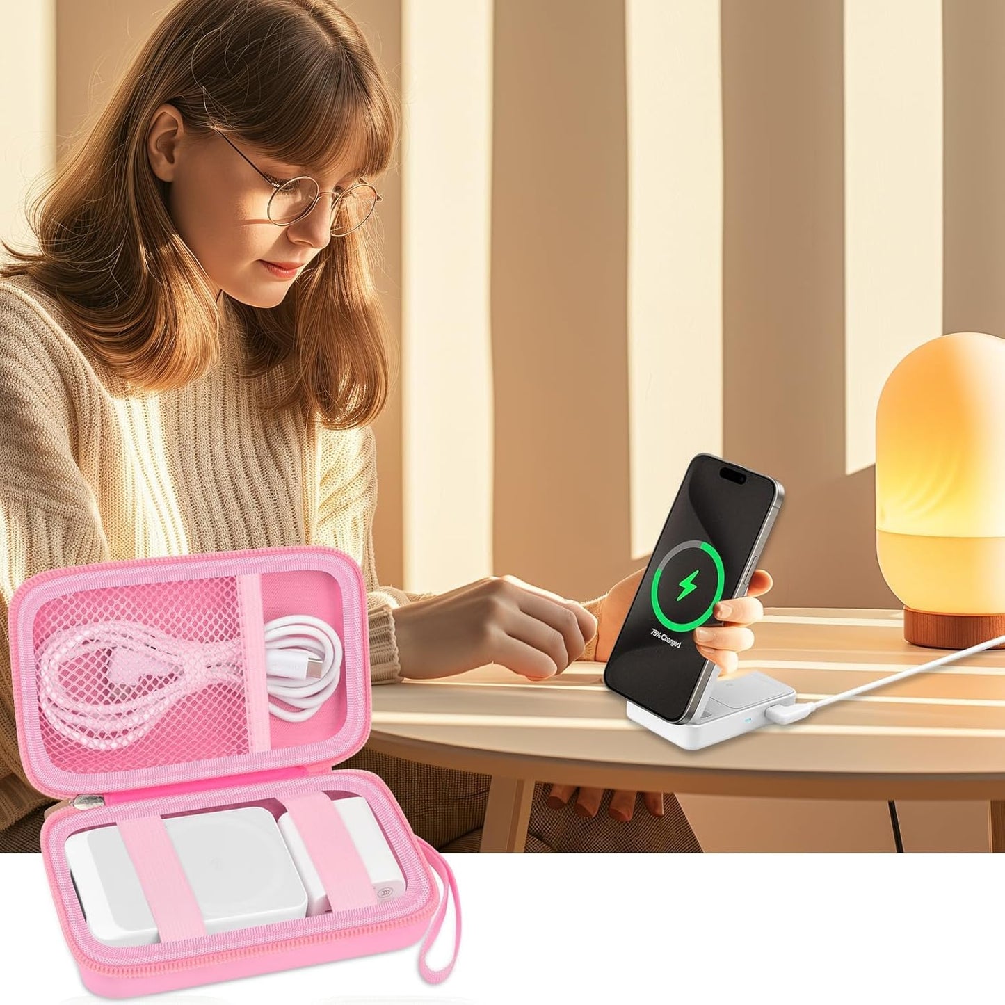 Case for Anker MagGo 3-in-1/MagGo UFO Charging Station,for Augnner for Iseyyox for Apple MagSafe Duo/for LISEN/for RTOPSMagSafe Wireless Charger Foldable Magnetic Charging Stand Storage Box-Pink