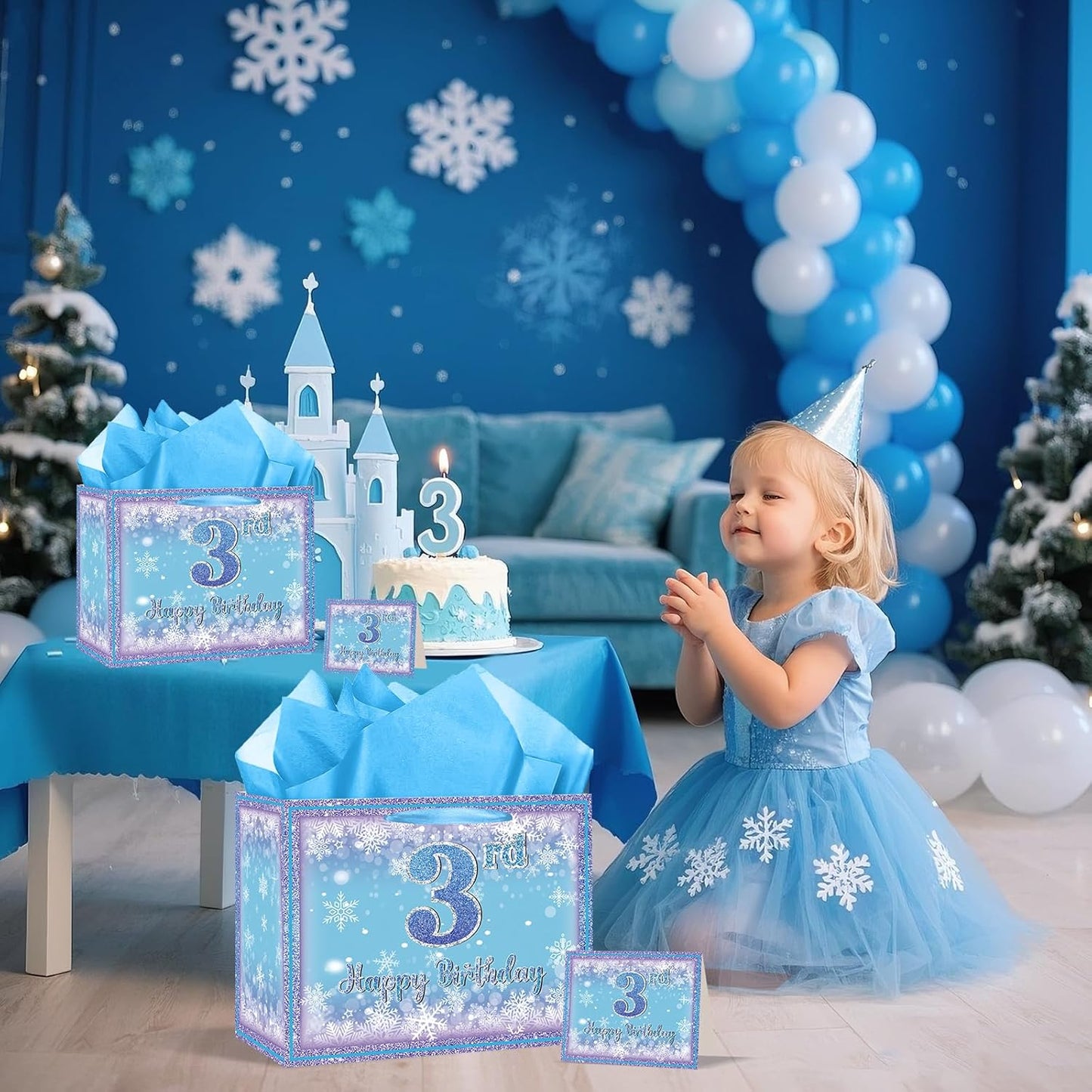 Frozen 3rd Birthday Gift Bag for Girls, Large Purple Blue Snowflake Third Birthday Bags with Tissue Paper and Greeting Card Snow Frozen 3 Years Old Party Favor Bags for Girls 3rd Bday Christmas Gift