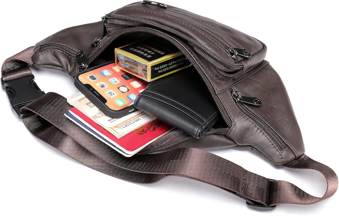 Genuine Leather Fanny Pack HandMade Durable cowhide Waist Bag Lots of Anti-theft zipper pocket Coffee