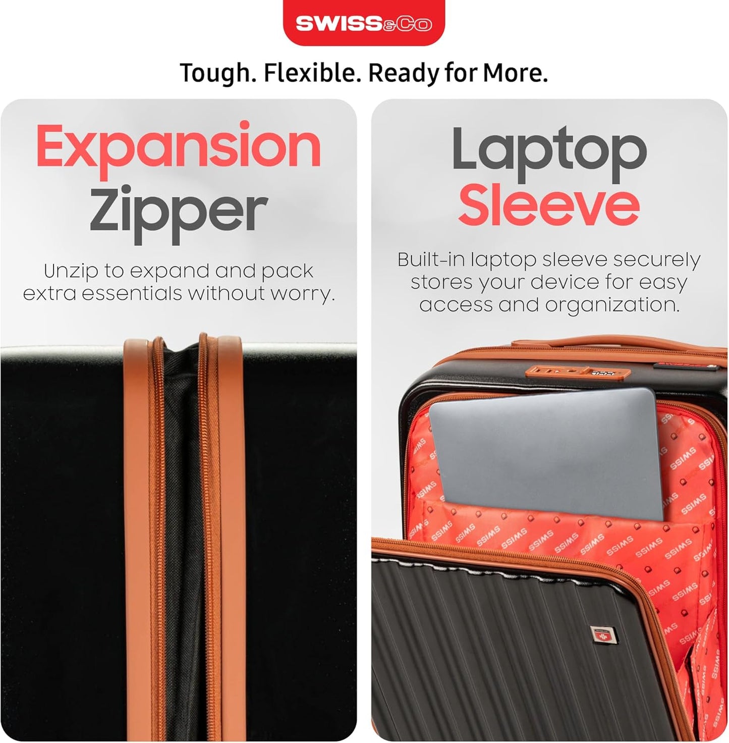 SWISS&CO 3-Piece Premium Luggage Set – Hardshell Spinner Suitcases with TSA Lock, Front-Open Design, Durable Travel Backpack – Spacious, Multi-Compartment Design– 28" Checked, 20" Carry-On–Sleek Black