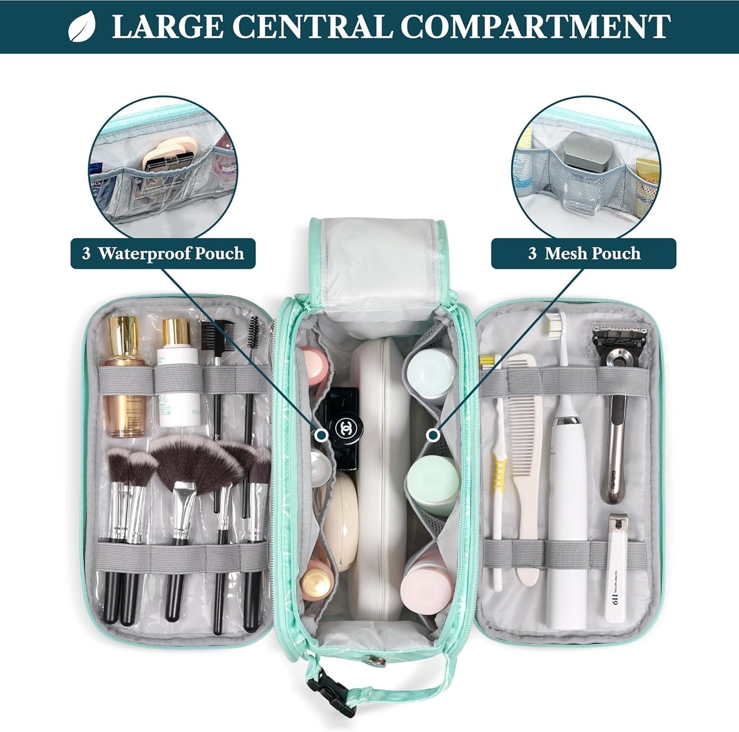 PAVILIA Toiletry Bag for Men Women, Mens Travel Bag Toiletries Organizer Case for Grooming, Travel Essentials Shaving Dopp Kit, PU Leather Water Resistant Cosmetic Pouch, Teal Chevron