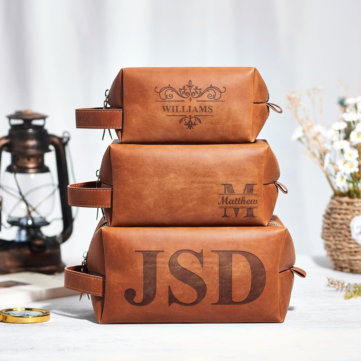Bleggeit Personalized Leather Toiletry Bag For Men with Hook, Groomsmen Gifts Travel Bag Laser Engraved Name Monogram Gift For Him Husband Father Leather Dopp Kit (Style 3)