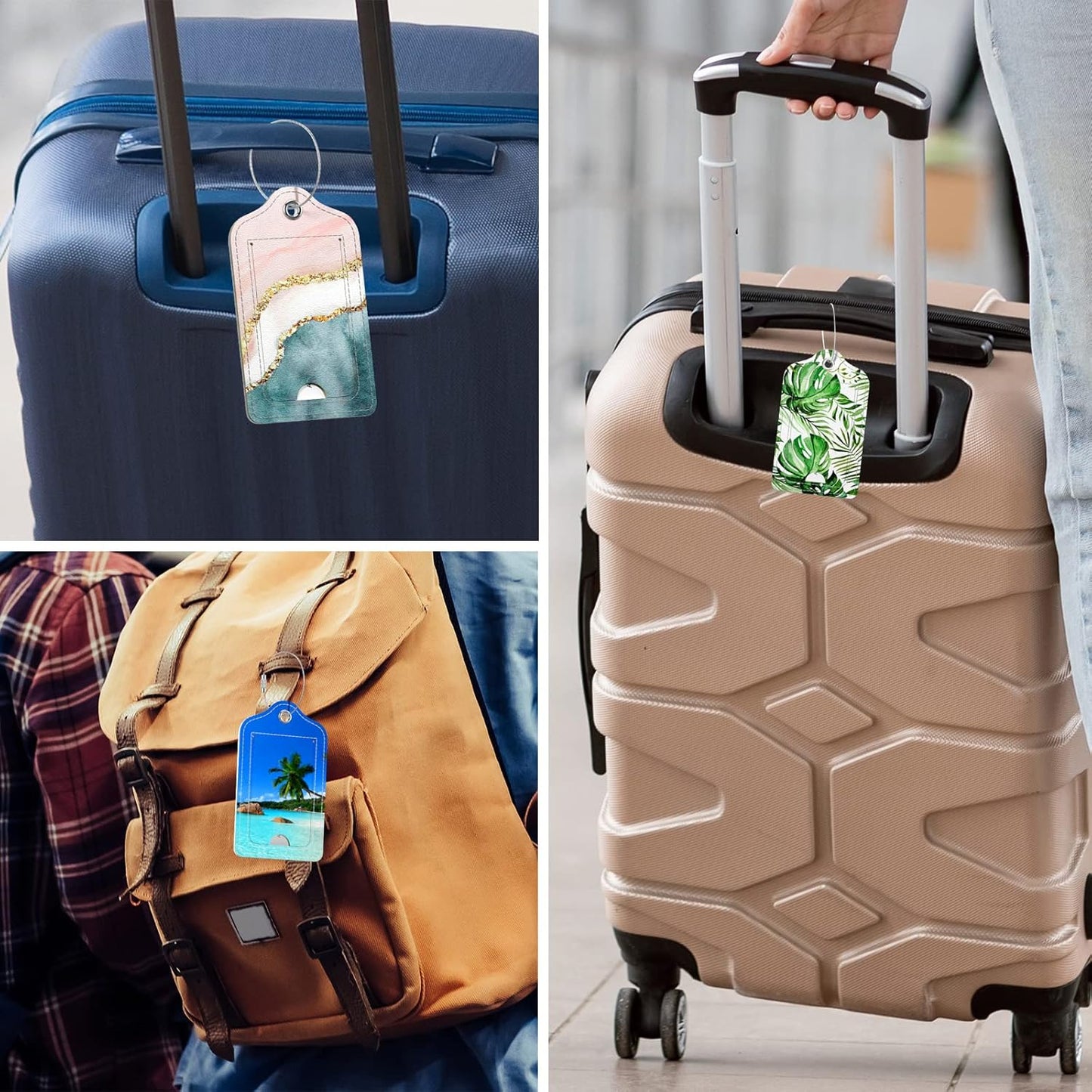 Rimilak 3 Pcs PU Leather Luggage Tags for Suitcase, Travel Cruise Luggage Tag with Privacy Flap, Name ID Label and Metal Loop for Women Men Baggage Handbag School Bag Backpack, Beach