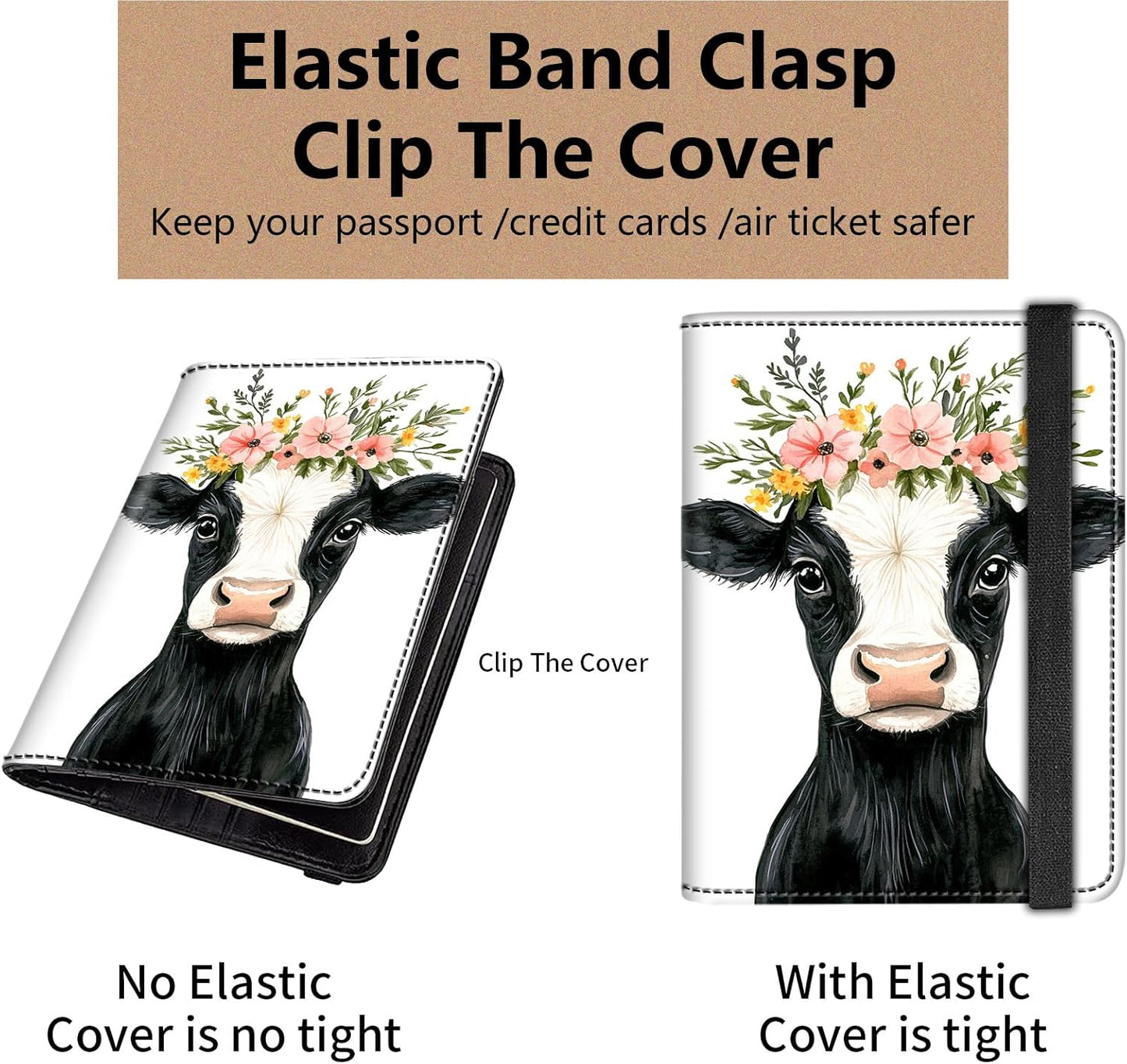Passport and Vaccine Card Holder Cover Combo,Travel Passport Holder Wallet with RFID Blocking, Leather Vaccine Card Slot Passport Cover Case for Women & Men,Cute Baby Cow and Flowers