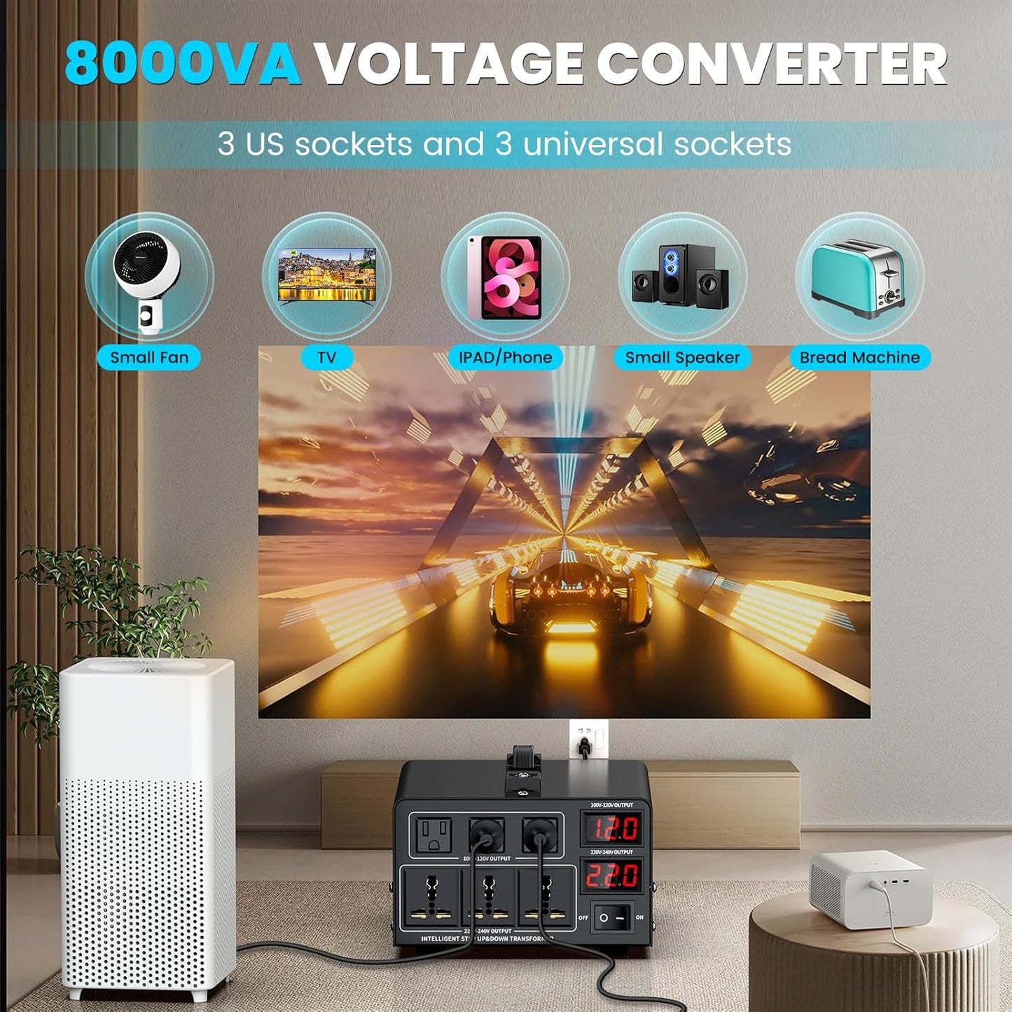 8000W Voltage Converter Transformer(110V to 220V or 220V to 110V) Step Up/Down Converter 110/120 Volt - 220/240 Volt w/US Power Cord,Circuit Breaker Protection, LCD Screen Display