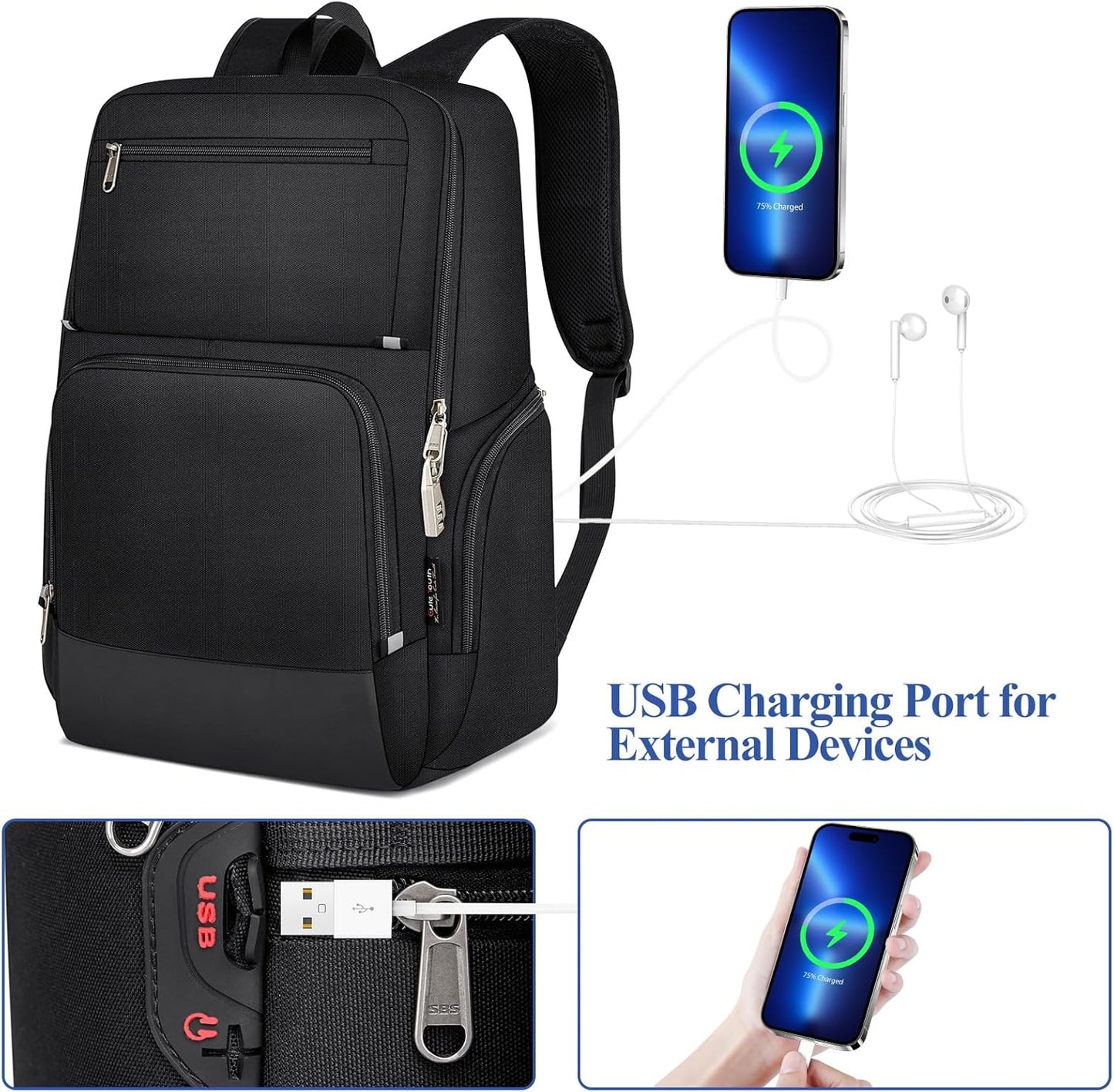 WYCY Laptop Backpack for Men - Anti Theft Computer Bag for Work, Business, College, Travel, Mochilas Para Hombres, 17.3 Inch, Black