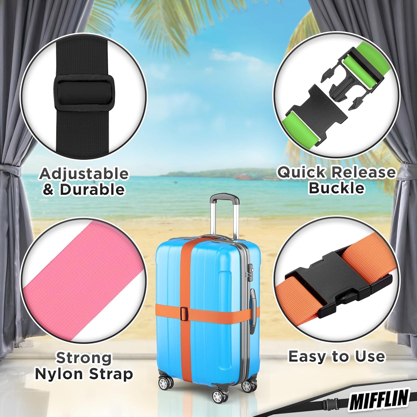 Luggage Straps - Multicolored, 78" Long, 2 Inches Wide, 4 Pack - Adjustable Nylon Belt for Travel Suitcases & Bags - by Mifflin-USA