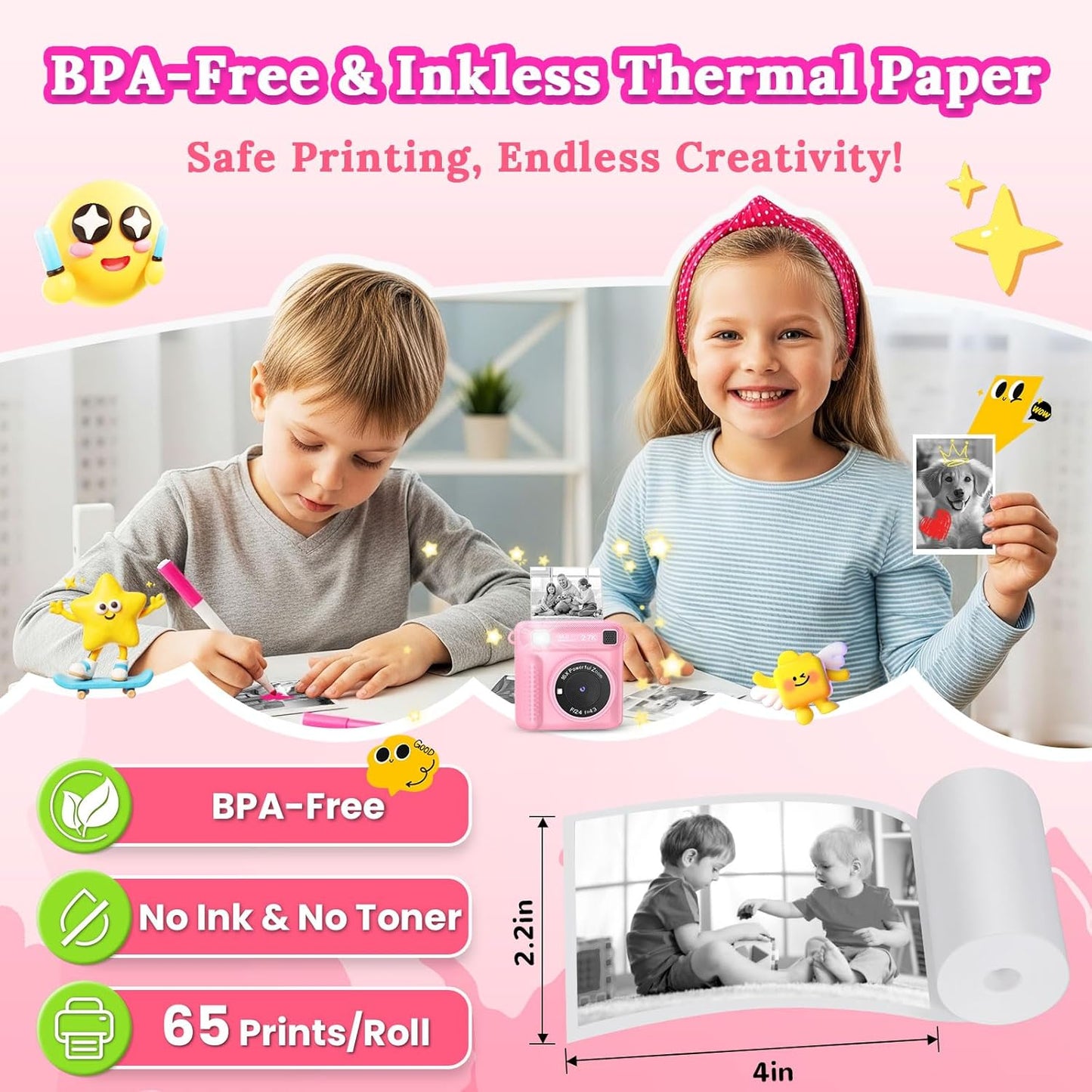 Kids Instant Print Camera - Christmas & Birthday Gift for Boys and Girls Ages 3-12, HD Digital Video Camera Toy with 3 Rolls Printing Paper & 32GB Card (Pink)