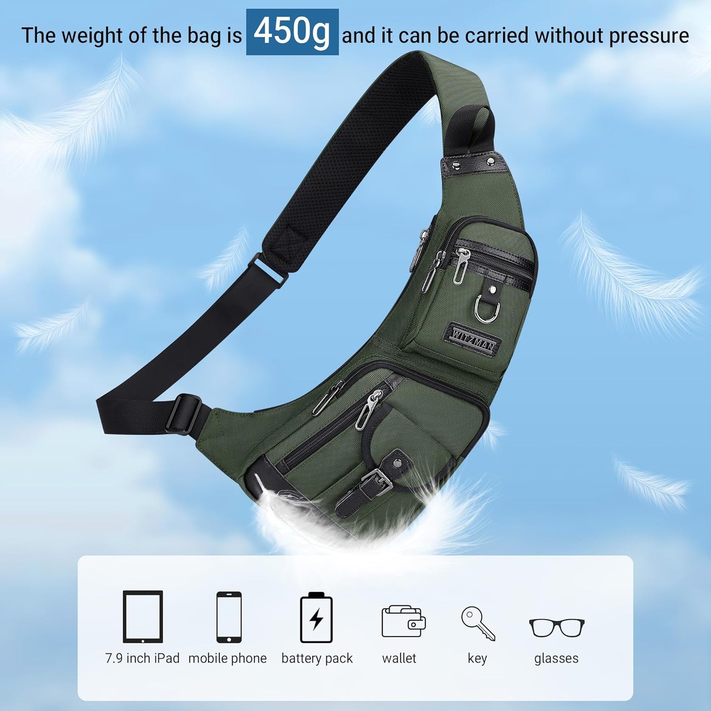 WITZMAN Sling Bag for Men Crossbody Bags Travel Slim Chest Bag One Strap Lightweight Casual Daypack