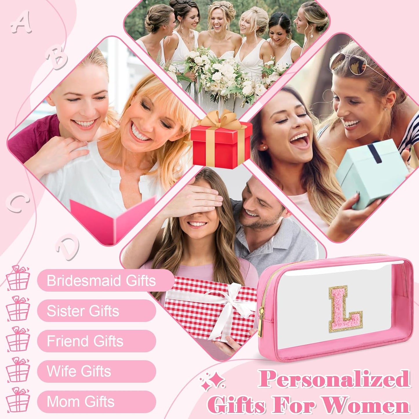 Personalized Initial Letter Clear Makeup Bag,Preppy Small Nylon&PVC Cosmetic Zipper Bag with Chenille Letter,Portable Beach Travel Skincare Toiletry Bag,Trendy Monogram Gift for Teen Girls Women,L