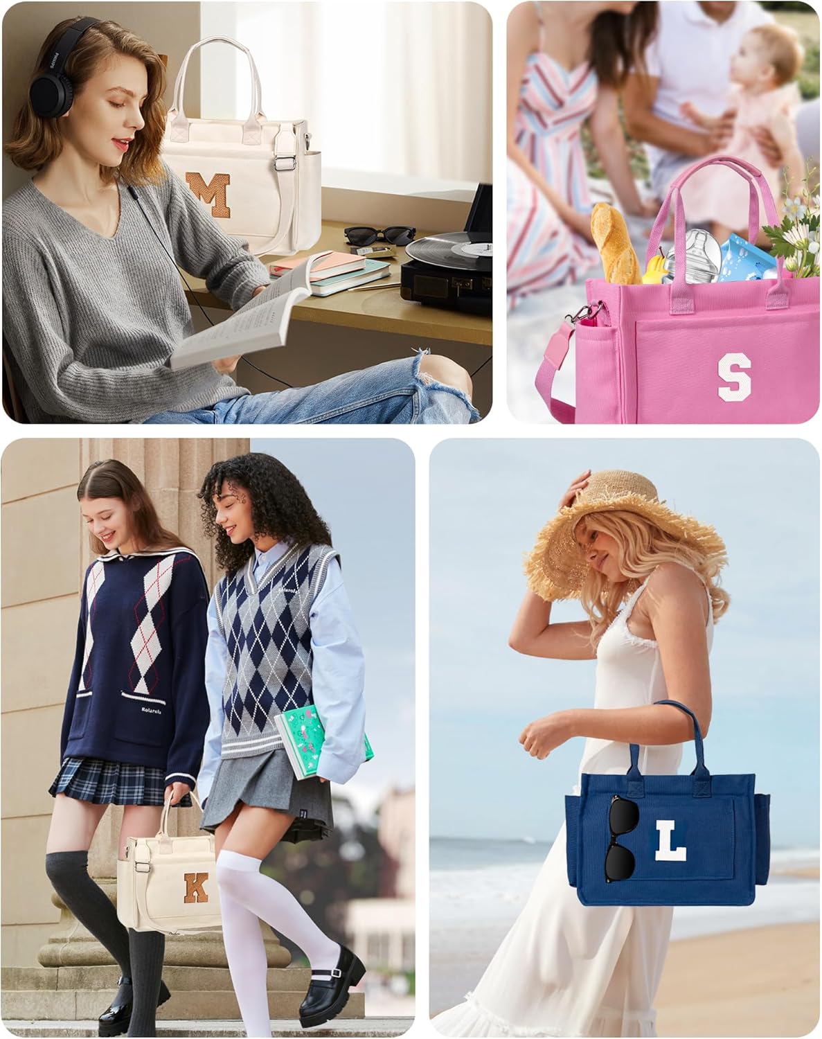 Gifts for Women Teen Girls, Initial Tote Bag with Zipper, Letter Canvas Tote Purse for College Work