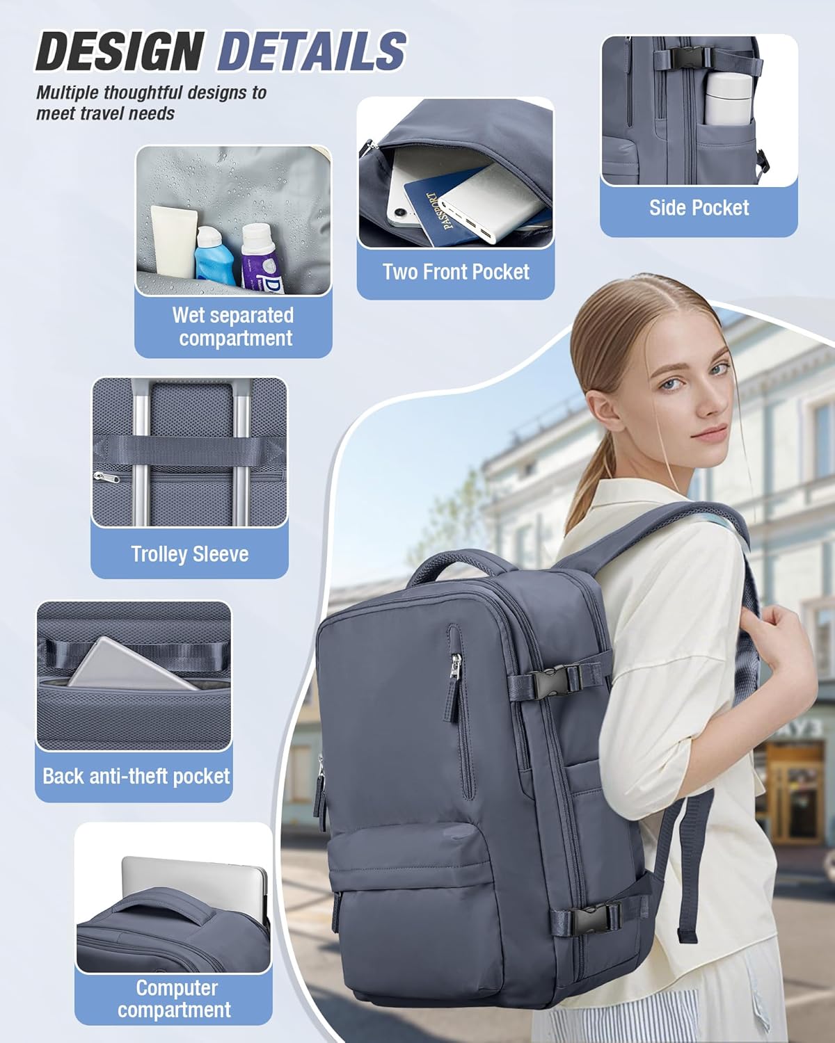 Vacuum Backpack Travel with Pump,Vacuum Seal Backpack Travel,Flight Approved 18x14x8, Work Business Vacpack Laptop Backpack for Women Men,Grey blue