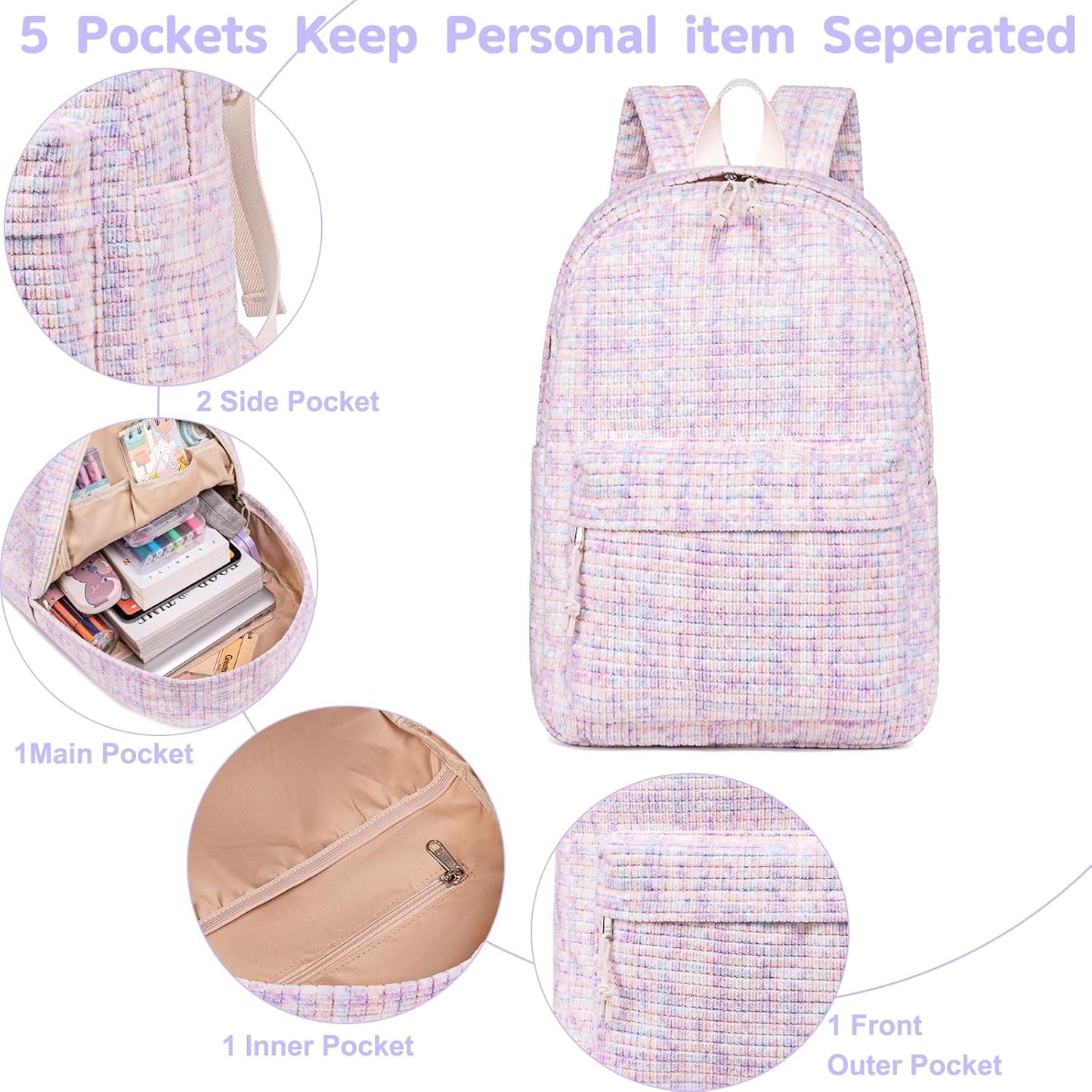 School Backpack for Teen Girls Bookbags Elementary High School Corduroy Laptop Bags Women Travel Daypacks
