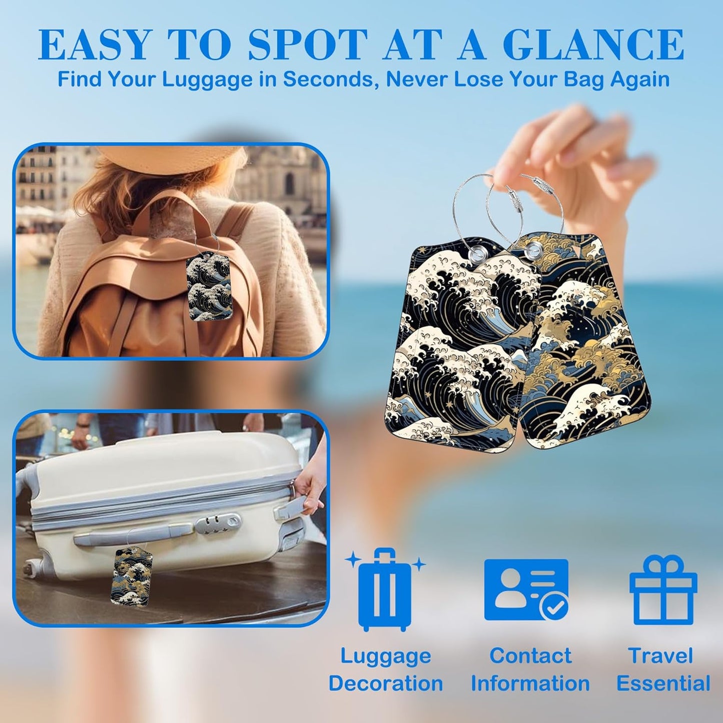 2 Pcs Luggage Tags for Suitcases, Japanese Art Blue and White Waves Leather Bag Tags for Luggage Privacy Cover Name ID Label with Stainless Steel Loop Cruise Airport Travel Essentials