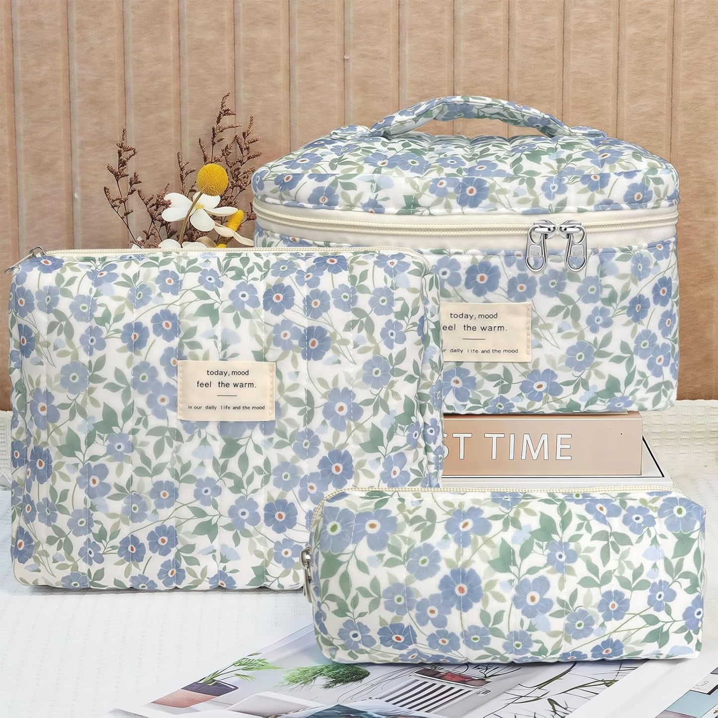 Quilted Makeup Bag, Large Capacity Travel Cosmetic Bag for Women and Girls, Aesthetic Storage for Daily and Travel Use (3pcs-ditsyfloral)
