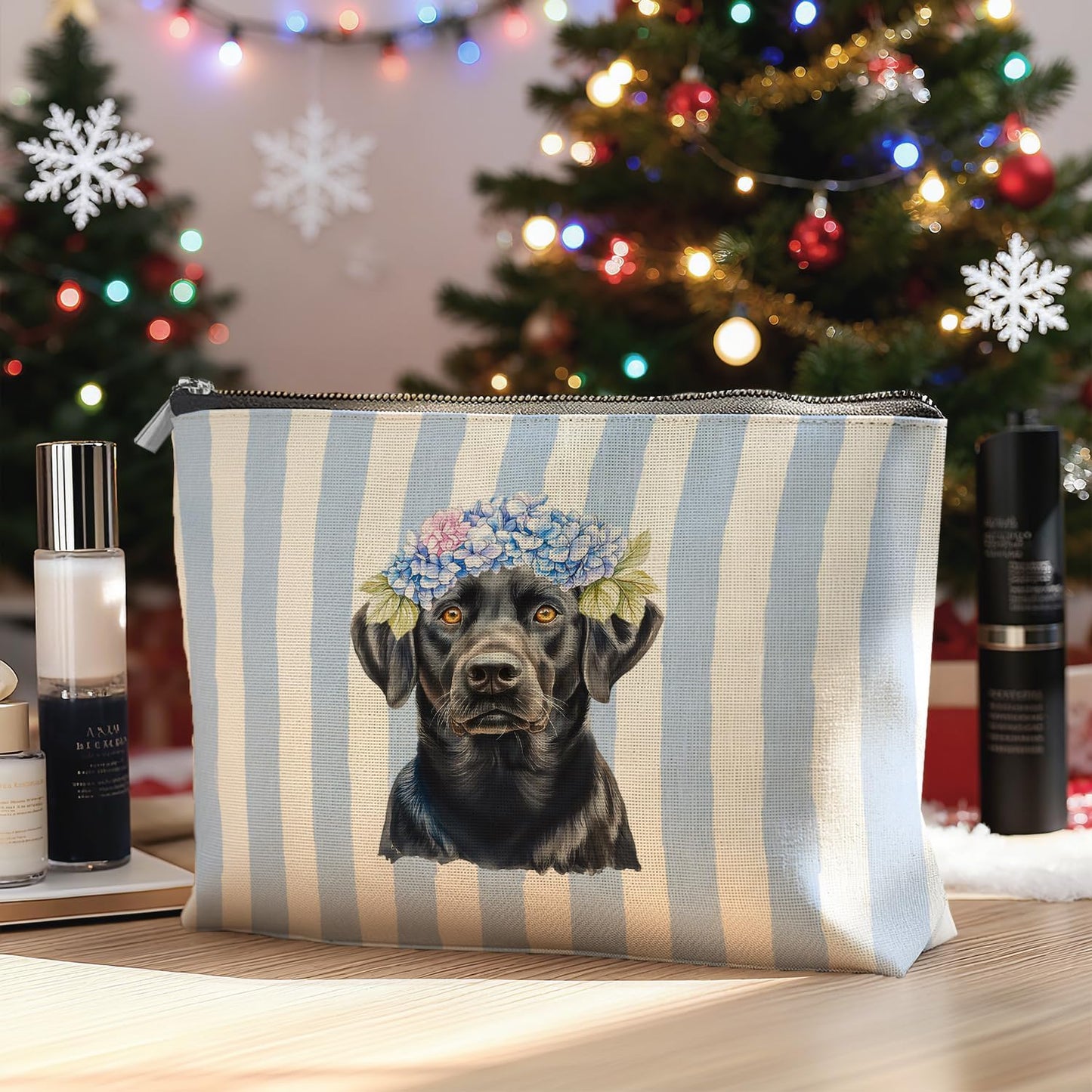 Blue Hydrangea Labrador Retriever Makeup Bag Gifts for Women, Black Labrador Gifts Cosmetic Bag, Blue Striped Lab Dog Zipper Makeup Pouch Travel Toiletry Bags