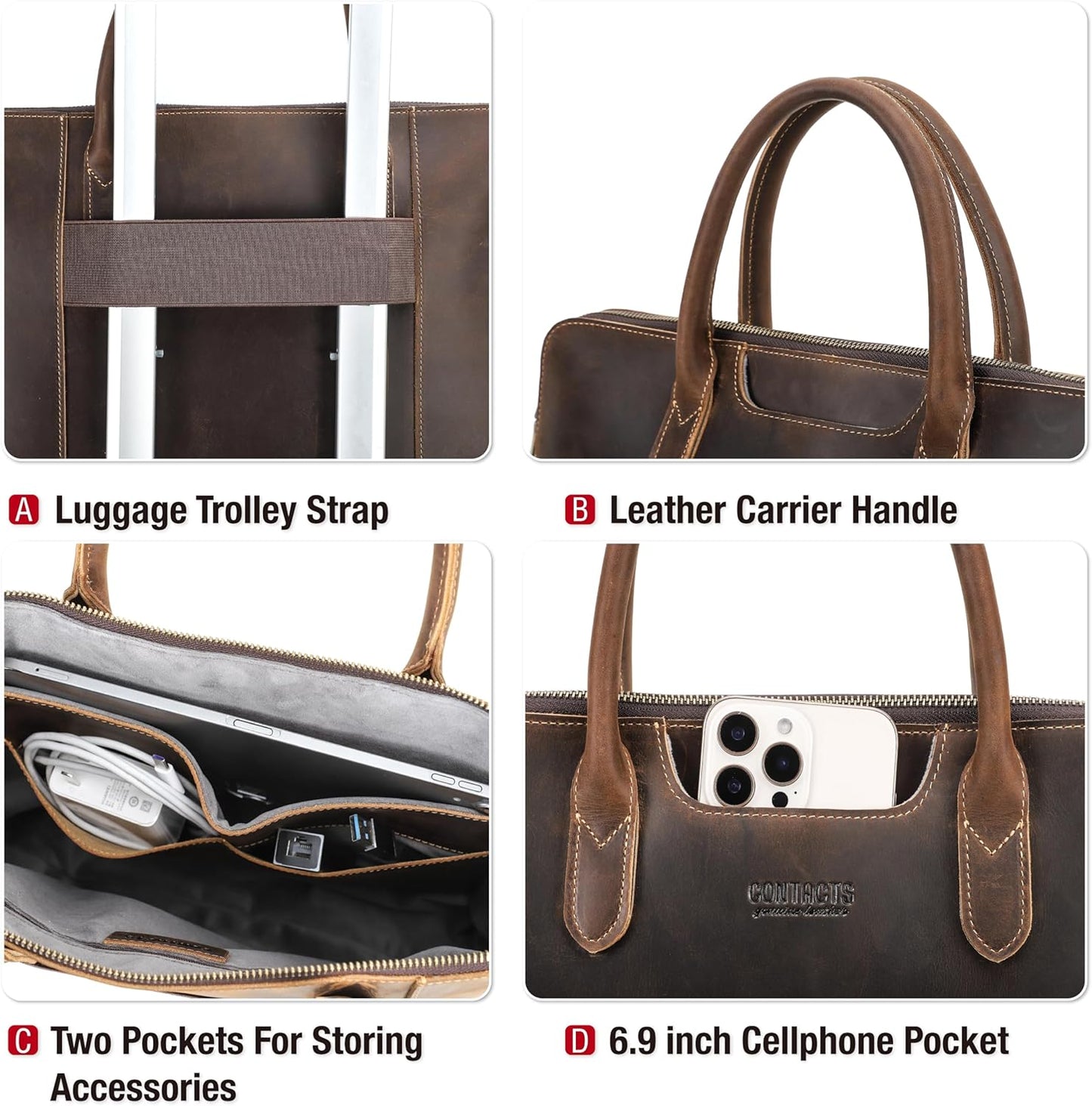Top Grain Leather 14.2" Slim Laptop Briefcase Handbag, Vintage Handmade with 6 Pockets & Luggage Strap, Compatible with MacBook Pro/Air 13.3"/14.2" & other Laptop/Tablet, Coffee 14.2 Inch