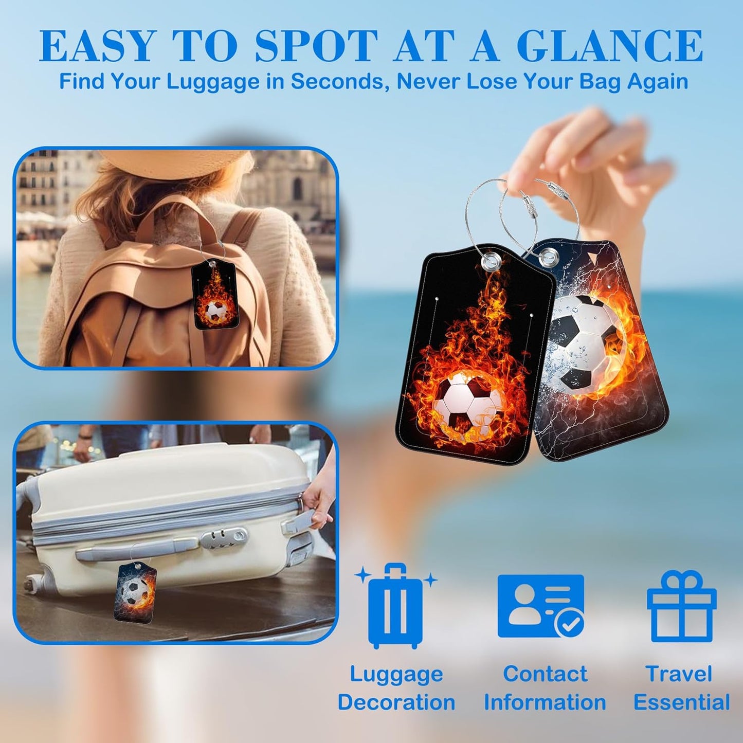 Soccer Ball in Fire and Water Luggage Tags for Suitcases Leather Travel Tags for Luggage ID Label with Privacy Cover and Stainless Steel Loop for Men Women Suitcase Backpack, Set of 2