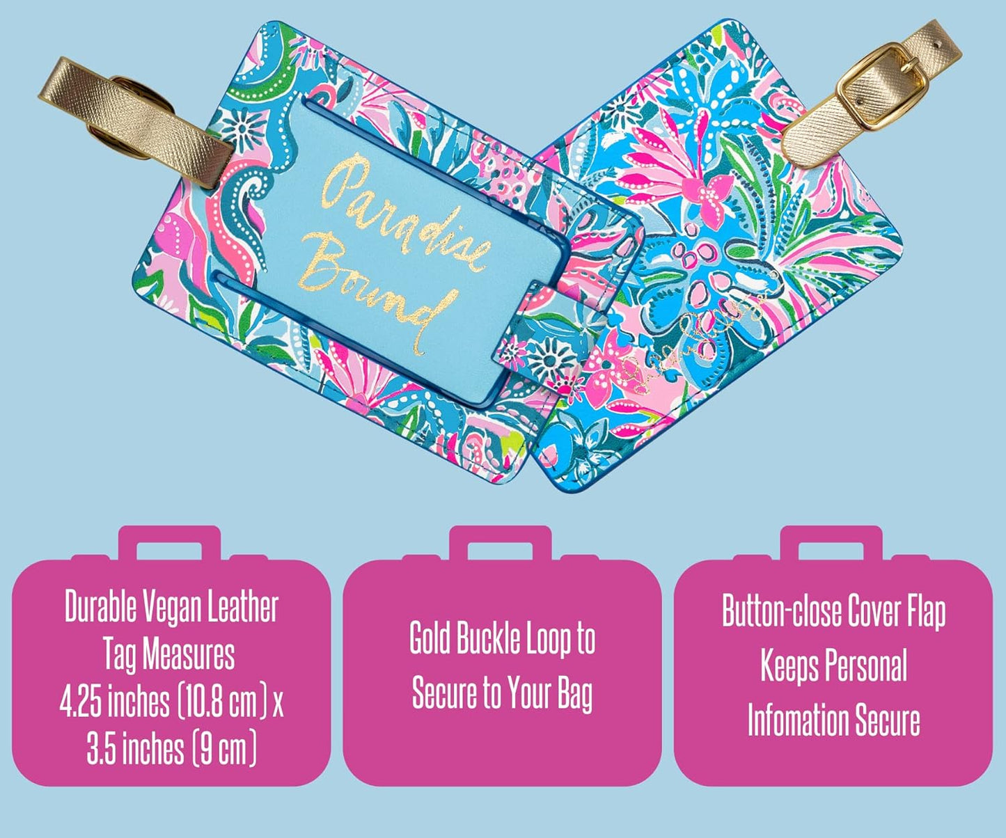 Lilly Pulitzer Leatherette Luggage Tag with Secure Strap, Colorful Suitcase Identifier for Travel