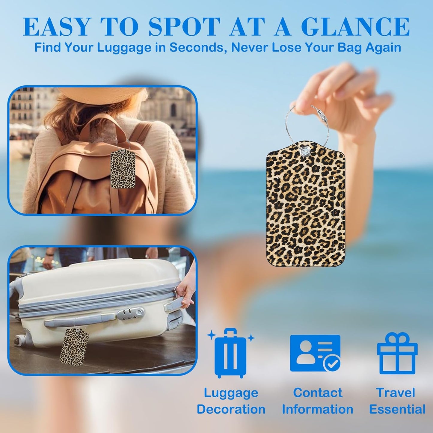 2 Pcs Luggage Tags for Suitcases, Leopard Print Leather Bag Tags for Luggage Privacy Cover Name ID Label with Stainless Steel Loop Cruise Airport Travel Essentials
