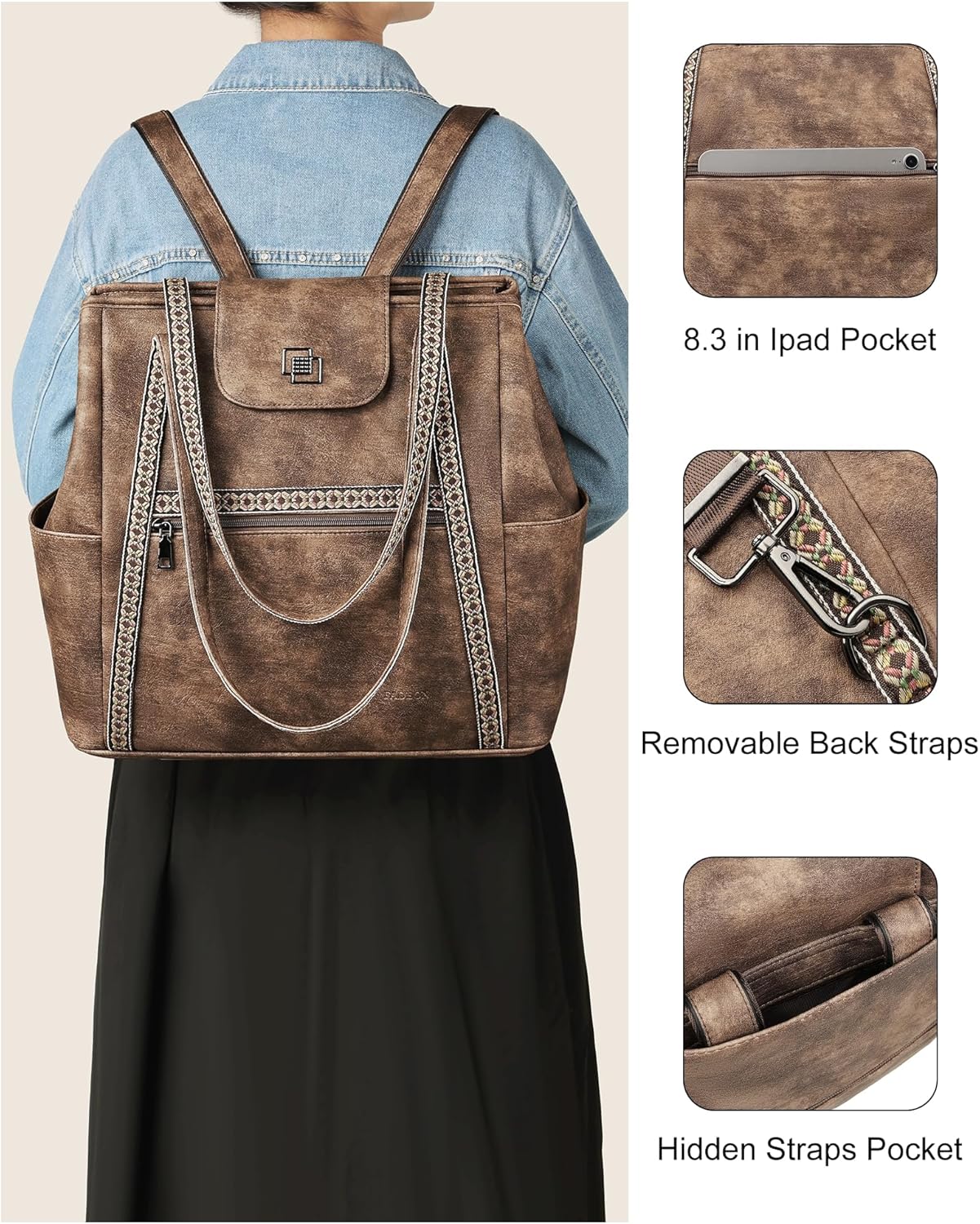 FADEON Large Laptop Tote Bag for Women Designer Leather Laptop Bag Fashion Travel Backpack Purse
