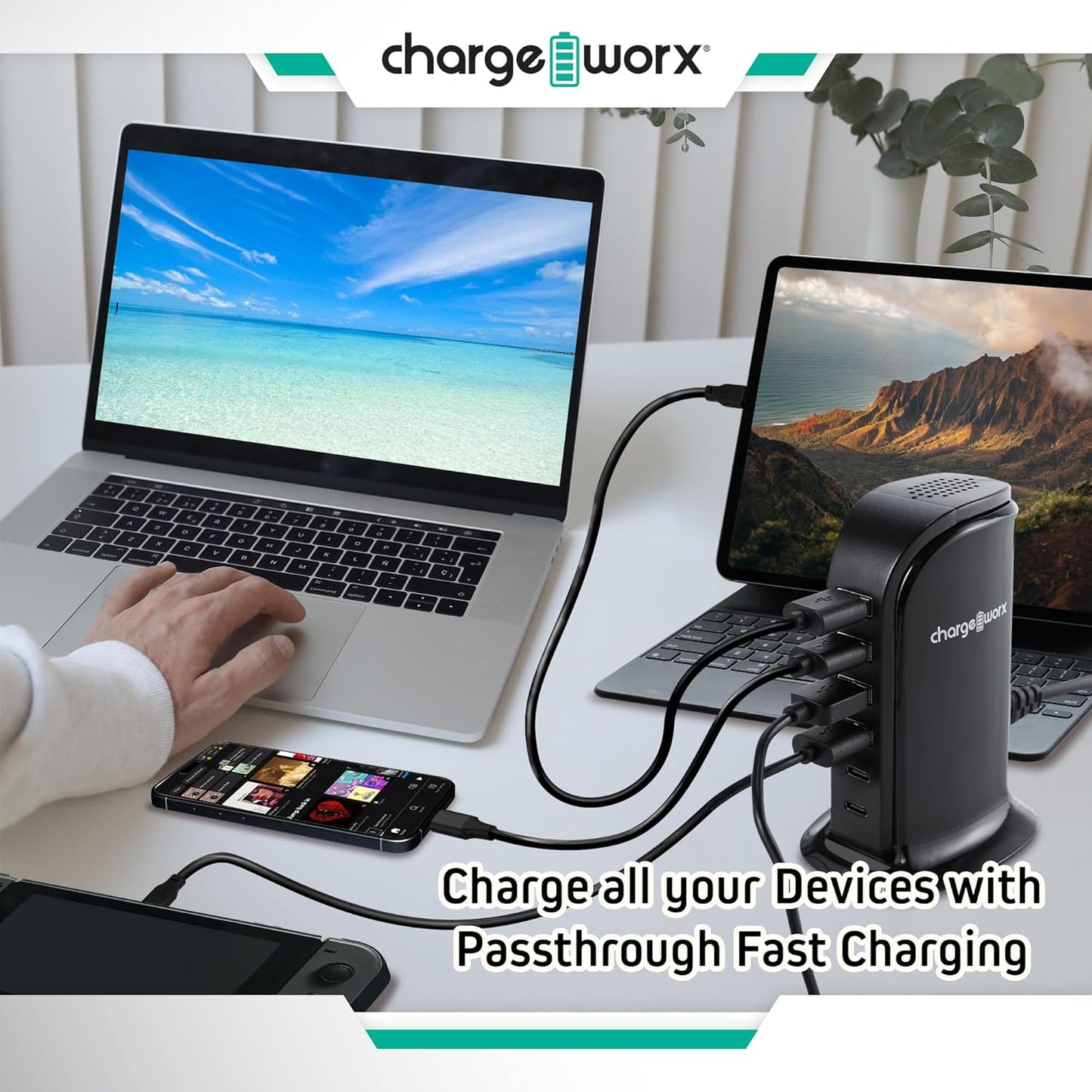 ChargeWorx Multi-Port Charger with 4 USB-A and 2 USB-C Ports, Fast Tower Charging Station, 40-Watt Output, Includes Surge Protector, Fire-Resistant Design, Compatible with iPhone and Android Devices