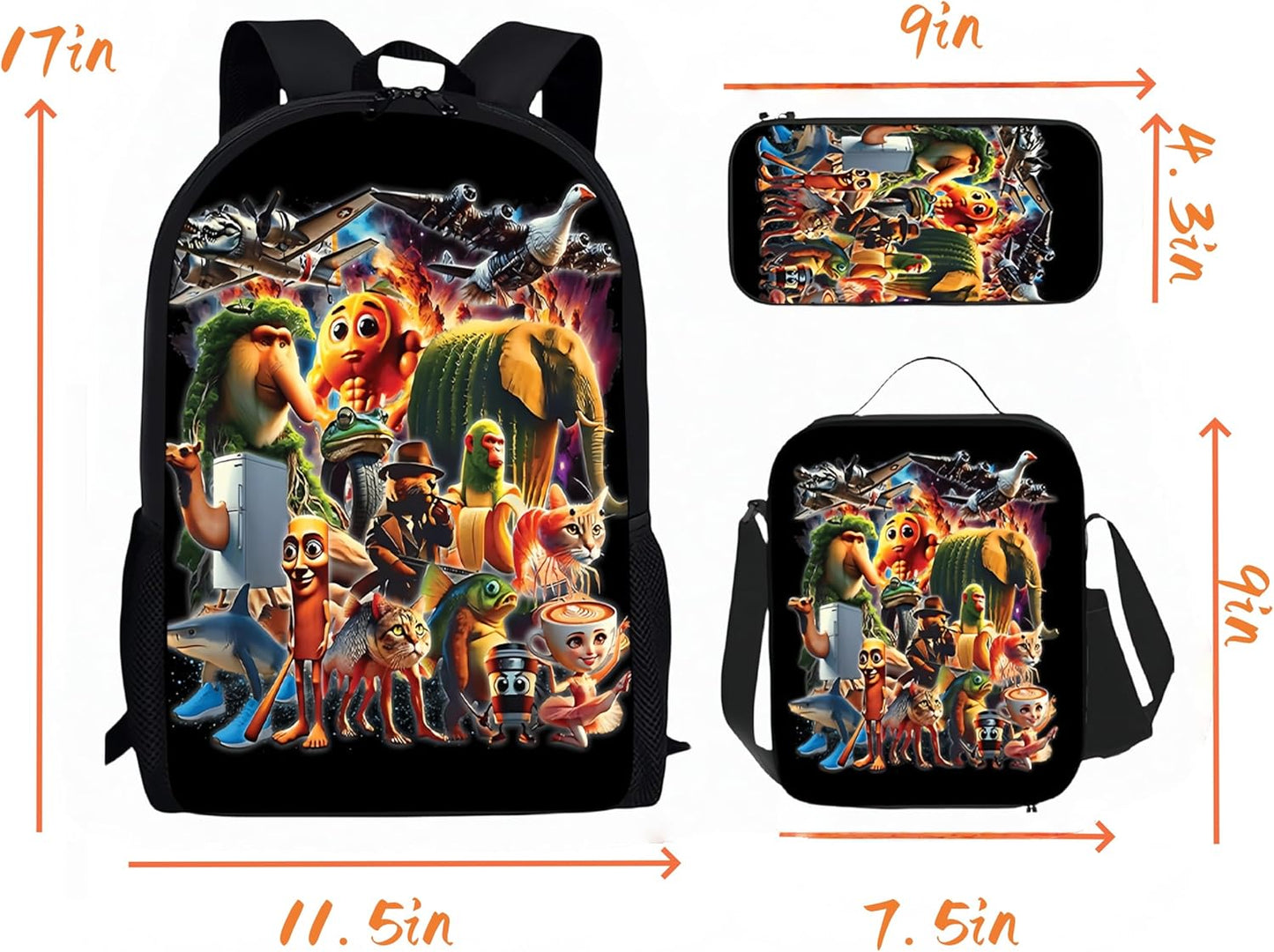  3PCS Italian Brainrot Casual Large Daypack Backpack,17in Shoulder Waterproof Lightweight Daypack Gifts (Color 3)