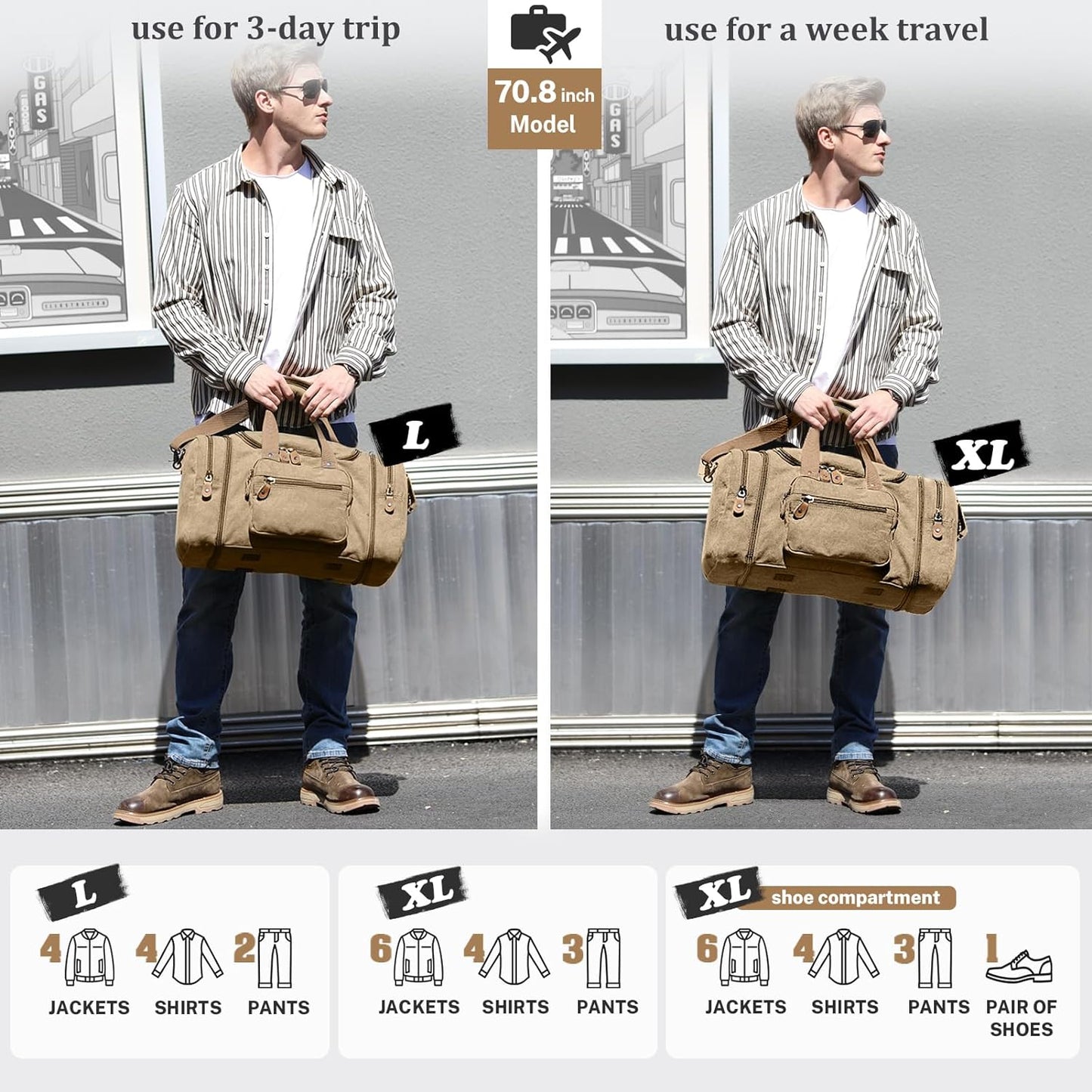 Gonex Canvas Duffle Bag for Travel, 50L Duffel Overnight Weekend Bag(Coffee)