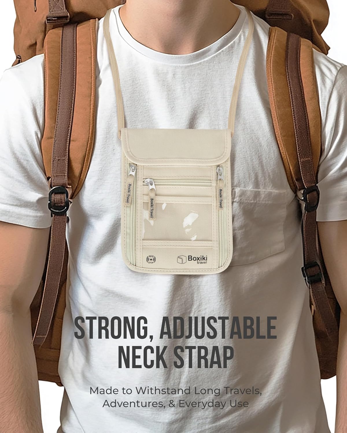 RFID Travel Neck Wallet - Beige | Sleek, Secure Passport Holder and Money Pouch with Adjustable Neck Strap for Men and Women to Keep Cash, Credit Cards & Travel Documents Safe