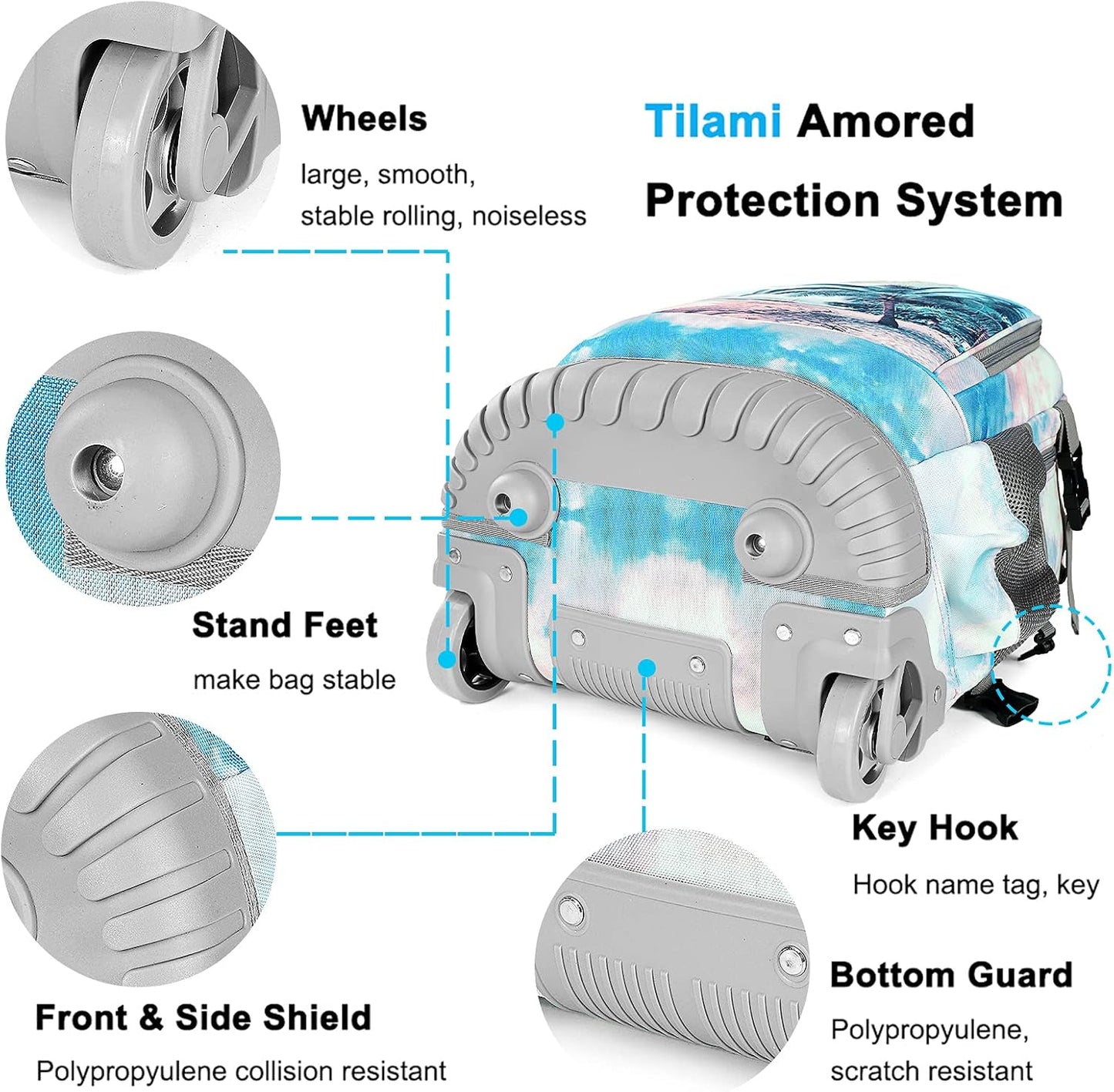 Tilami Rolling Backpack 19 inch Wheeled Cute LAPTOP Boys Girls Travel School Student Trip (Seaside)