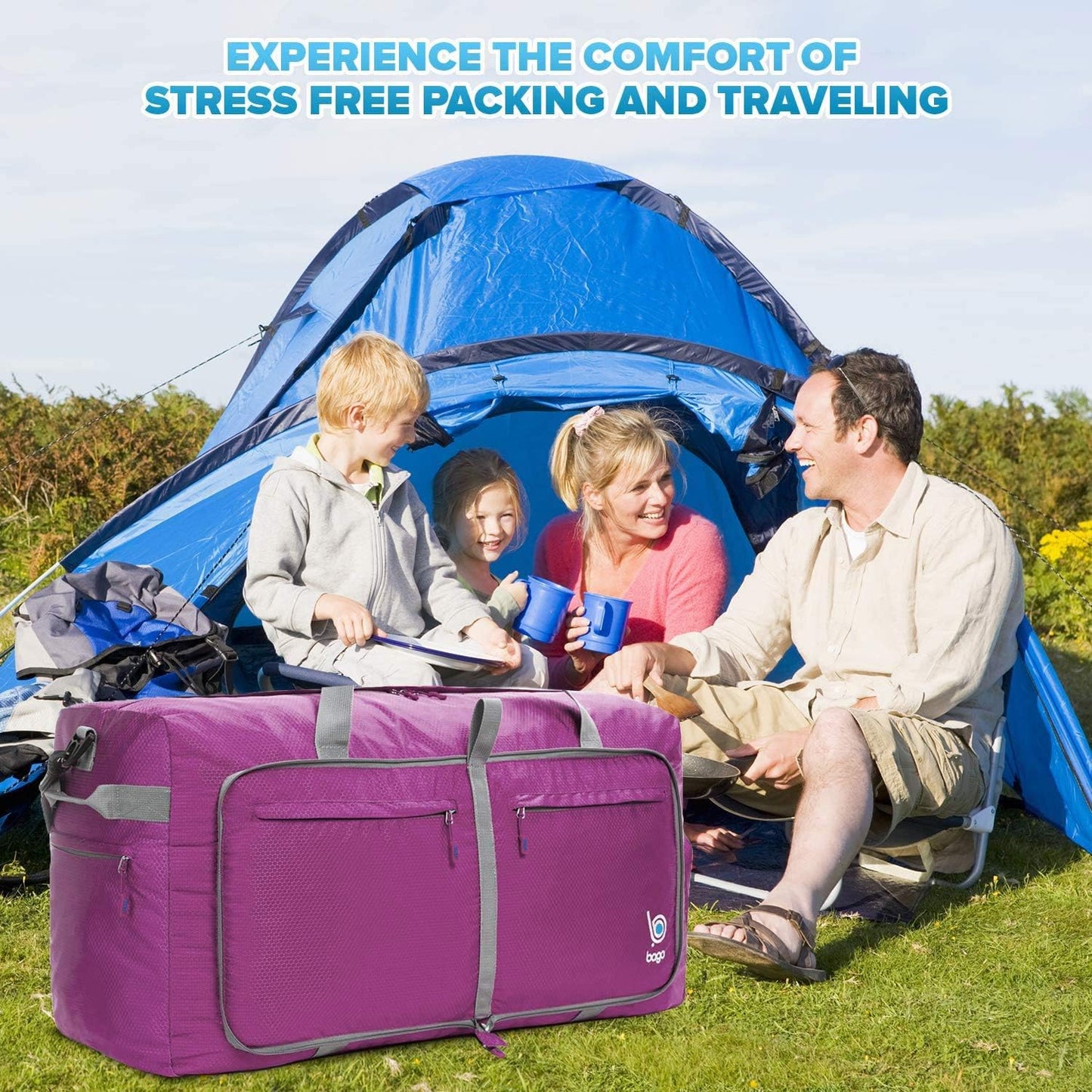 Bago Big XXL Foldable Duffel Bags for Traveling Women & Men - 140L Packable Duffle Bag for Travel with Shoe Compartment - Water Repellant, Heavy Duty, Lightweight Folding & Collapsible (Purple)