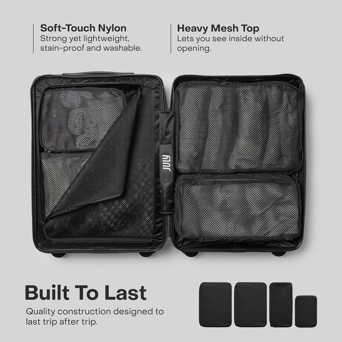 Packing Cells - 4 Set Packing Cubes Luggage Organizer Bags (S, M, 2 x L), Must-Have Suitcase Organizer for Travel, Road Trip & Camping Accessories, Stain-proof, Washable, 3 Sizes - Charcoal