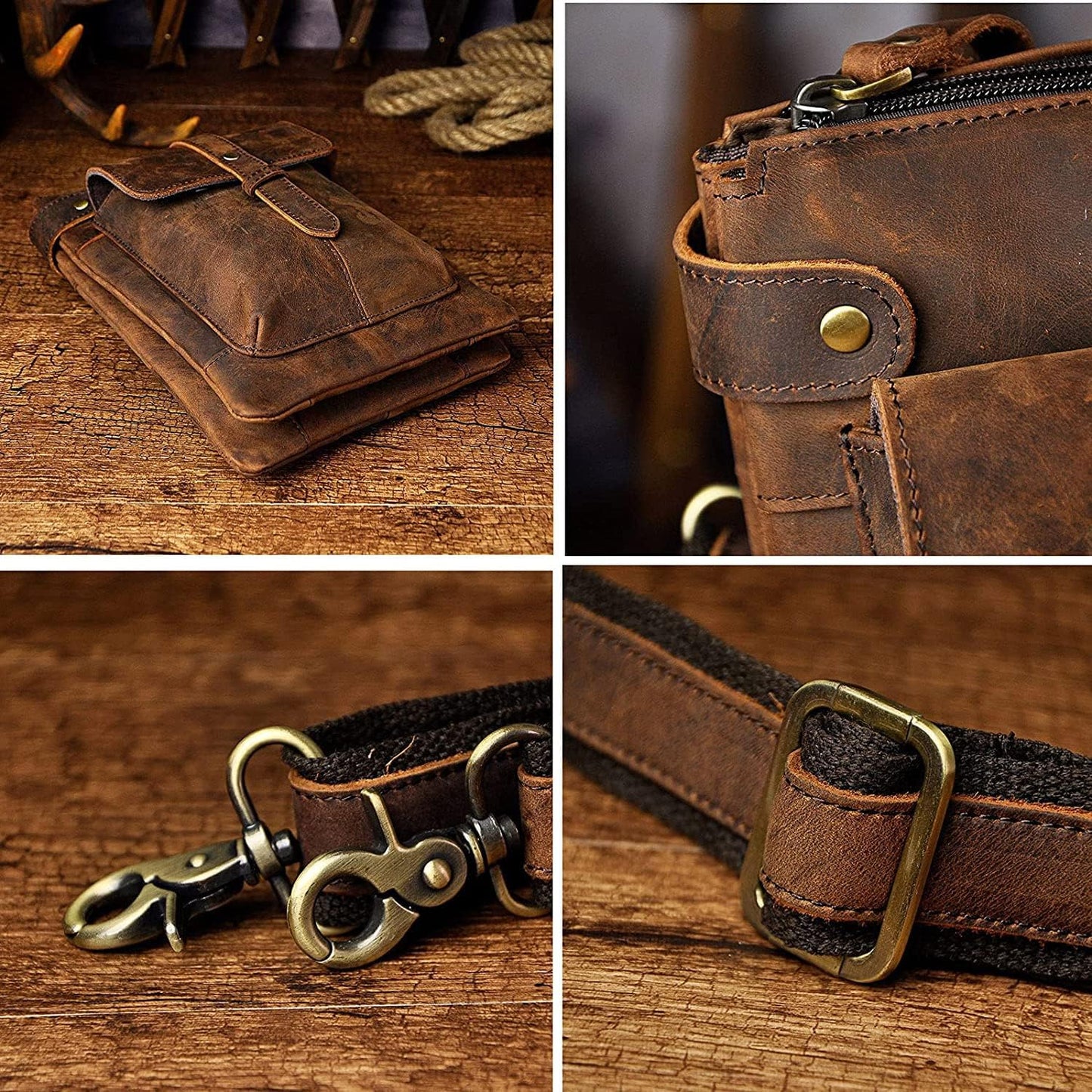 Men's Genuine Leather Small Messenger Shoulder Satchel - Adjustable Waist Bag