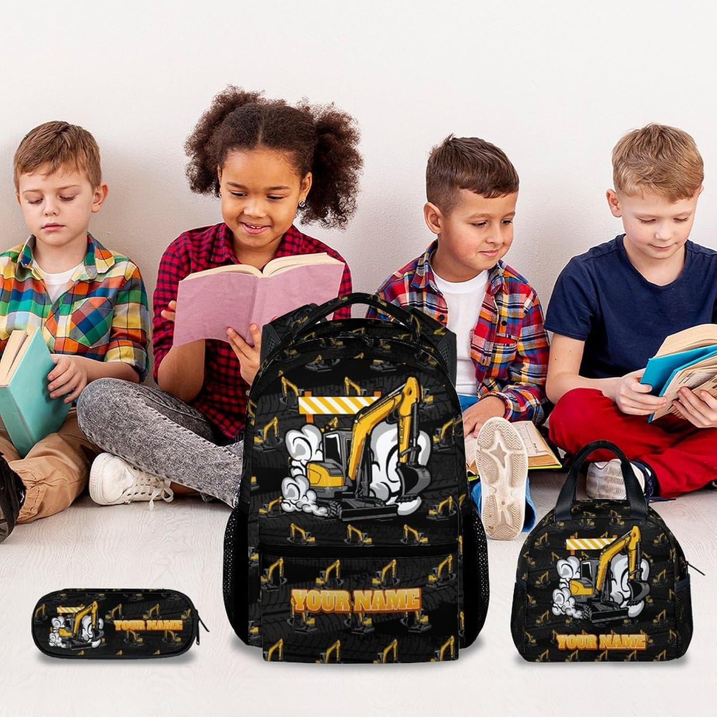 Backpack and Lunch Box for Boys - 17 Inch Custom Digger Bookbag Set for Kids - Personalized Cool 3