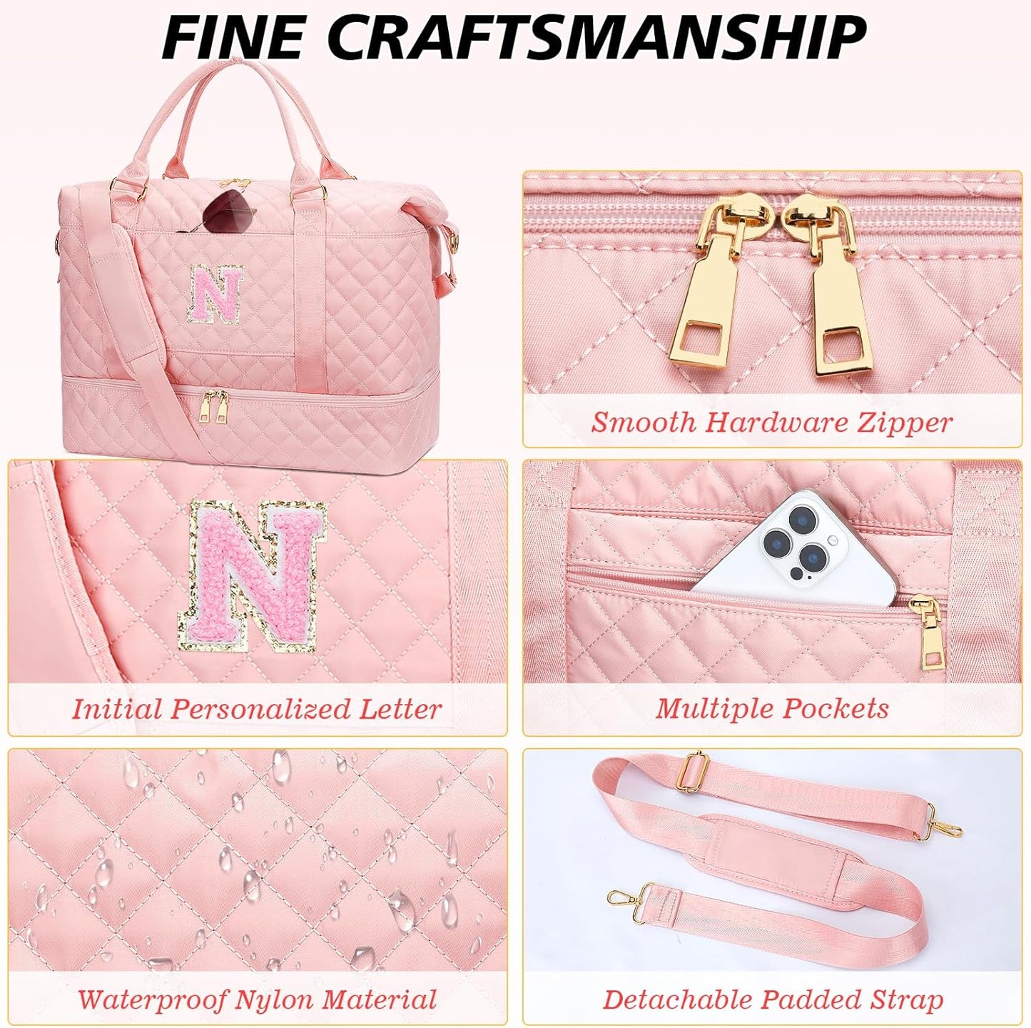 Gifts for Teen Girls Initial Travel Duffle Bag Quilted Weekender Bags Carry-On Overnight with Cosmetic Bag, Gym Bag with Shoe Compartment Hospital Bag for Women Labor Delivery, Pink-N
