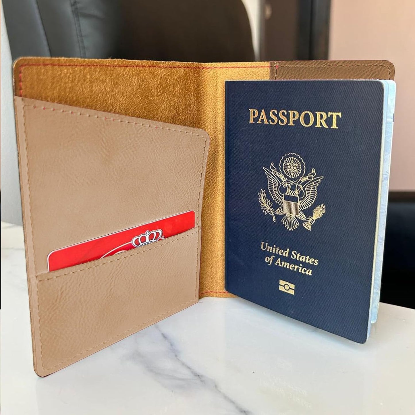 LaserGram Faux Leather Passport Holder, Coat of Arms Dominican Republic, Personalized Engraving