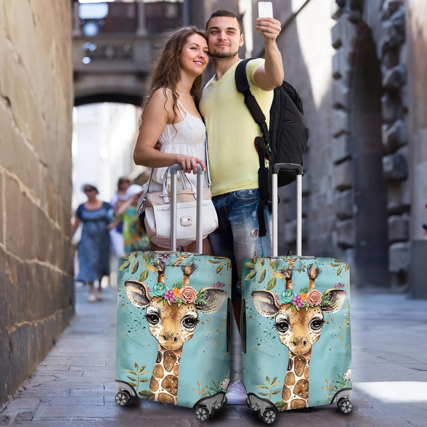 Travel Luggage Cover, Baby Girafee Flowers Theme Suitcase Cover Accessory Kit, Luggage Tag, Handle Wrap, Washable Zipper Close Luggage Suitcase Protector (S)