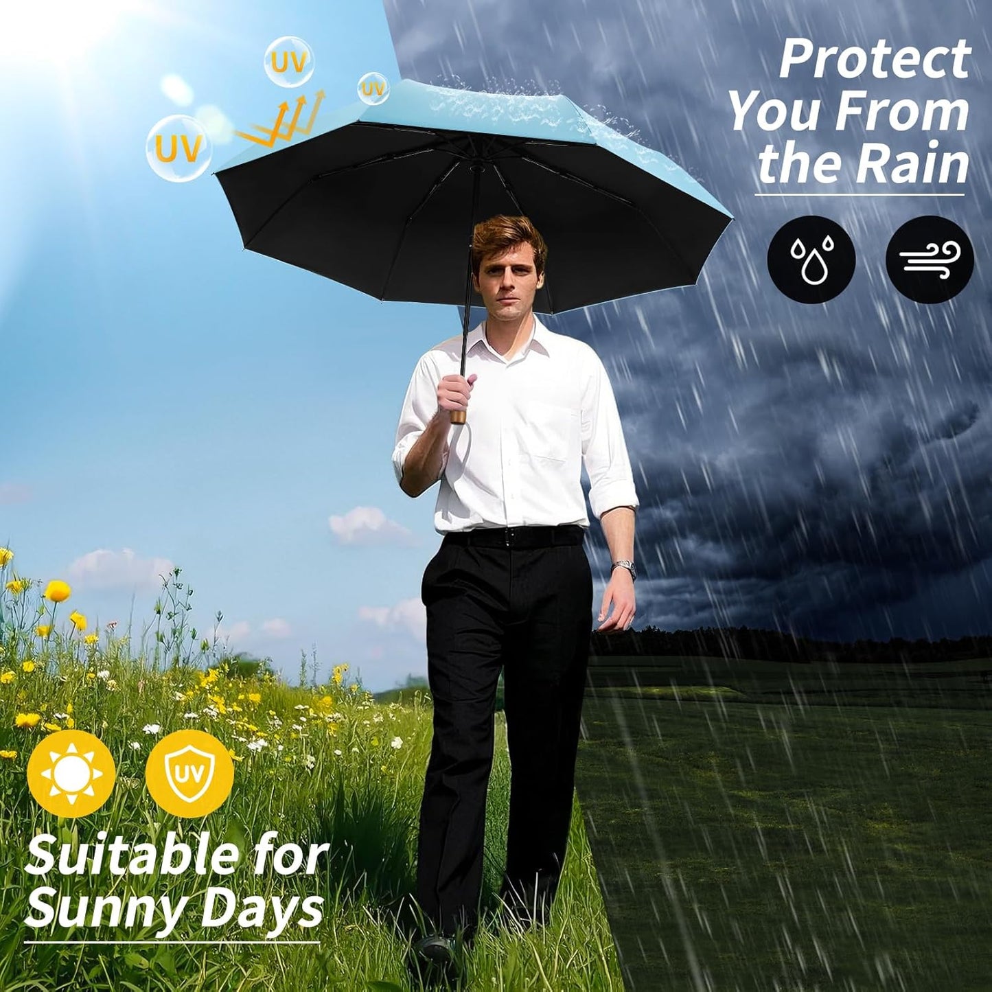 Yoobure Windproof Travel Umbrella with Wood Handle - Automatic Umbrellas for Rain & UV Sun Protection, Compact 46" Large Canopy, Lightweight Backpack Portable for Walking & Outdoor