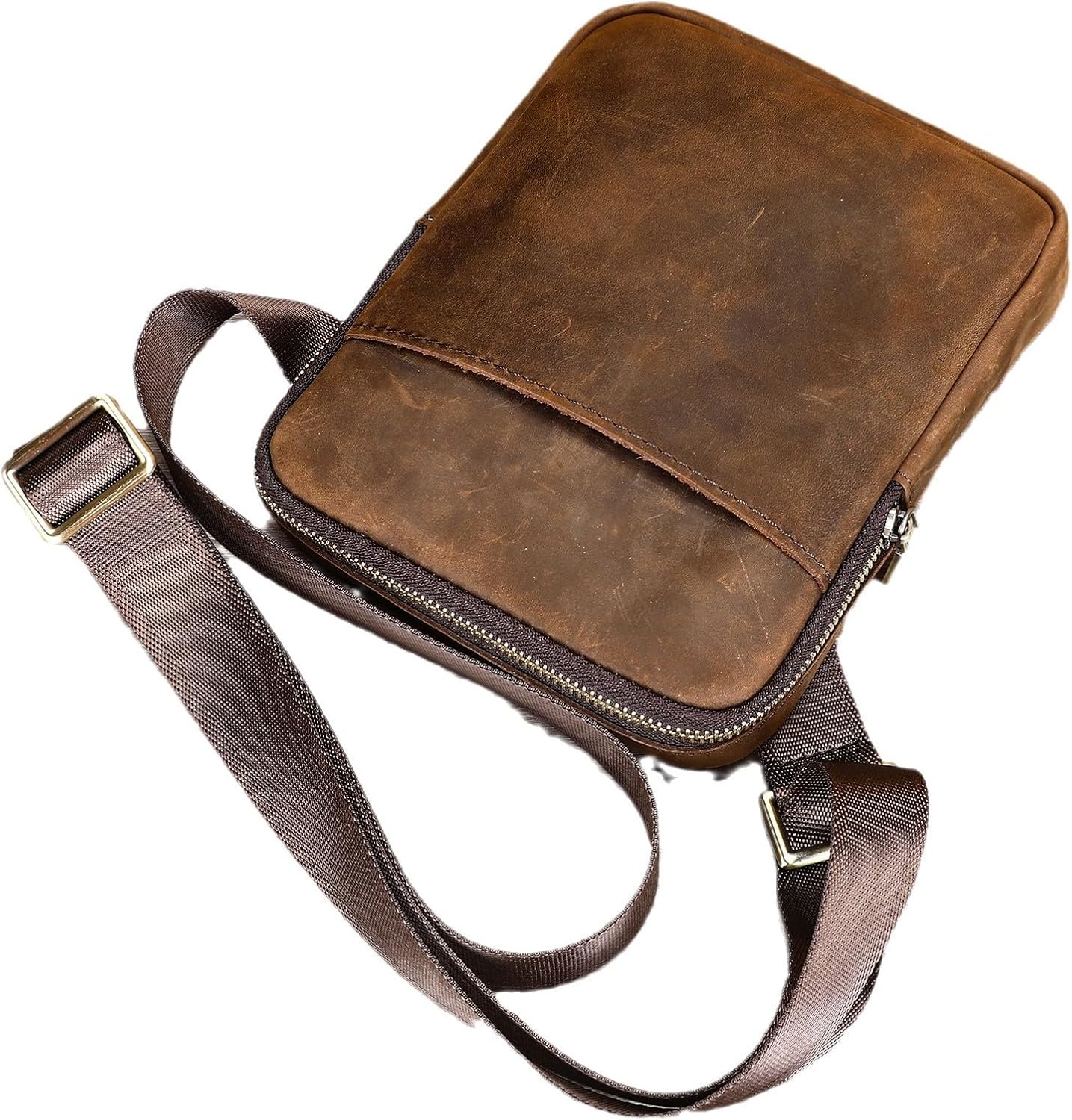 Men's Small Genuine Leather Messenger Bag Multi-Pocket Zipper Shoulder Bag Compact Mini Crossbody