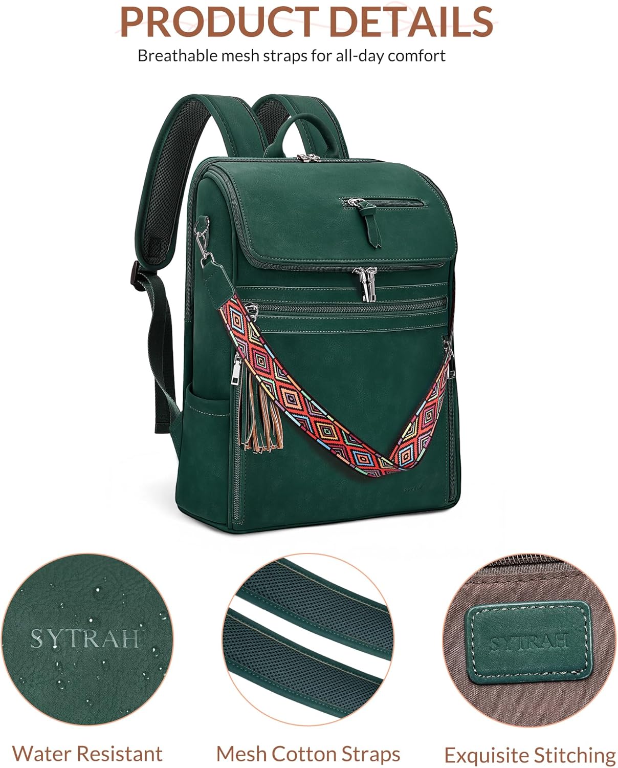Leather Laptop Backpack for Women Designer Laptop Bag, 16.5 inch Travel Computer Backpacks Purse with Tassel for Work Business with Satchel Purse Green