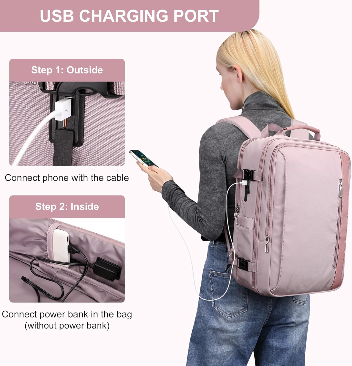 PIJUSHI Travel Backpack for Women Expandable Carry on Luggage Backpack Airline Approved Personal Item Laptop Bag(PE034 Light Purple)