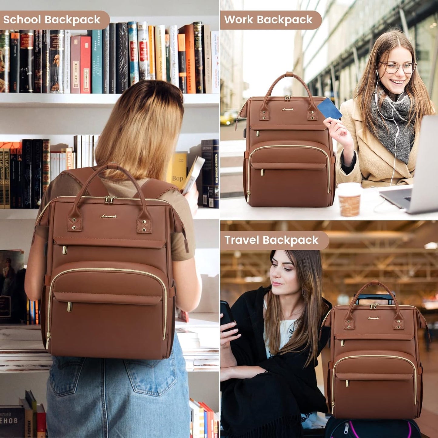LOVEVOOK Leather Laptop Backpack for Women 15.6 inch,Travel Purse Nurse Teacher Carry On Backpack