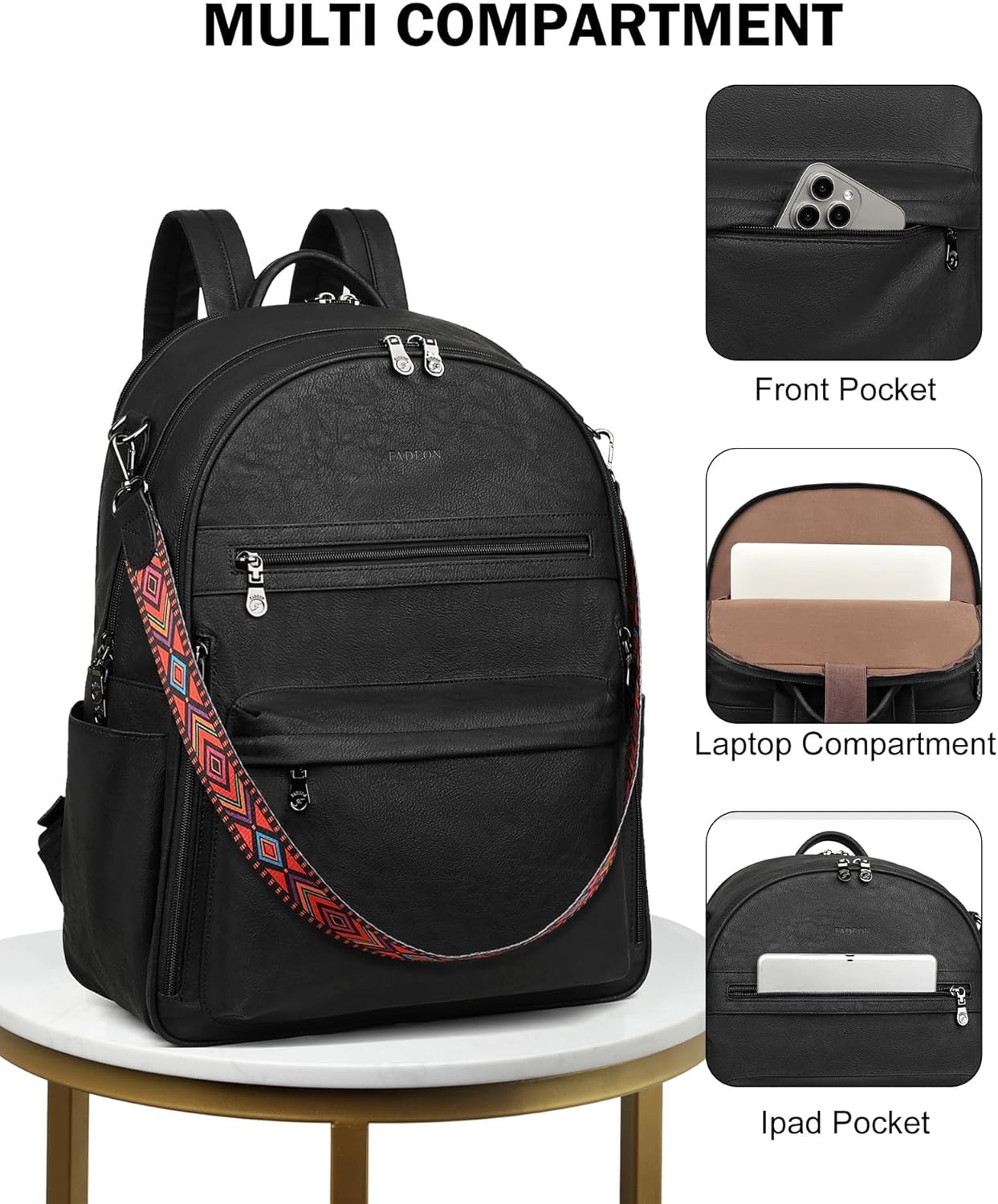 FADEON 15.6 inch Laptop Backpack Purse for Women Designer PU Leather Computer Backpacks Fashion for Work Travel Black