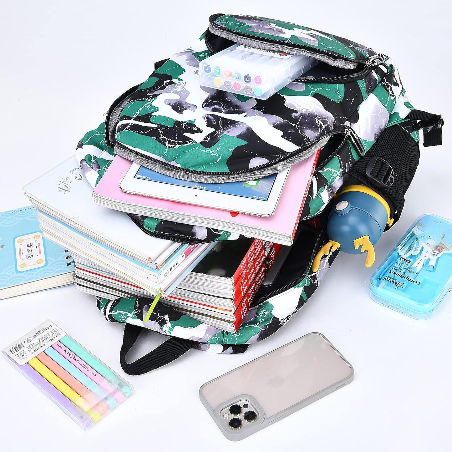 Camo Backpack for Kids, Lightweight Camo Backpack Elementary Middle School Backpack Water Repellent Bookbag (Camo Green 2 in 1)