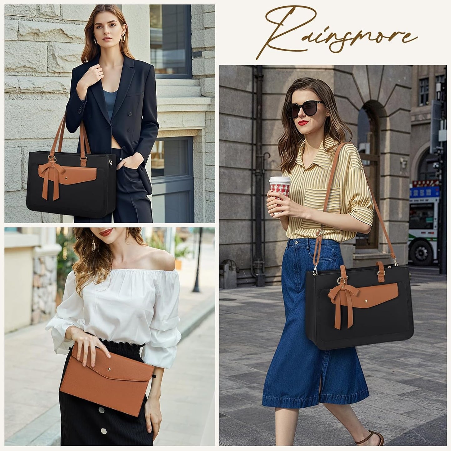 RAINSMORE Laptop Bag for Women 15.6 Inch Work Tote Bags Leather Laptop Tote Waterproof Computer Bag Professional Office Briefcase Large Handbag for College Teacher Travel,Black and Brown