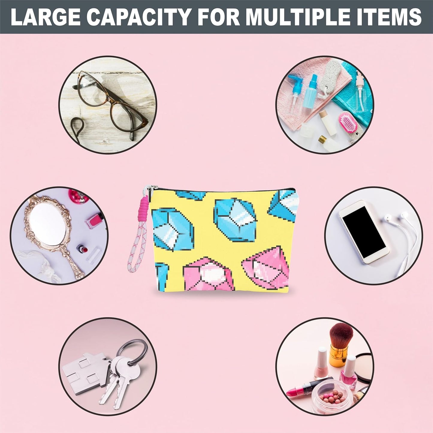 Make Up Bag For Woman, Cosmetic Bag With Hand Strap - Pixel Diamonds - Lined Toiletry Bag For Woman - Travel Pouch, Cute Organizer With Zipper, Women Essentials & Accessories - A12