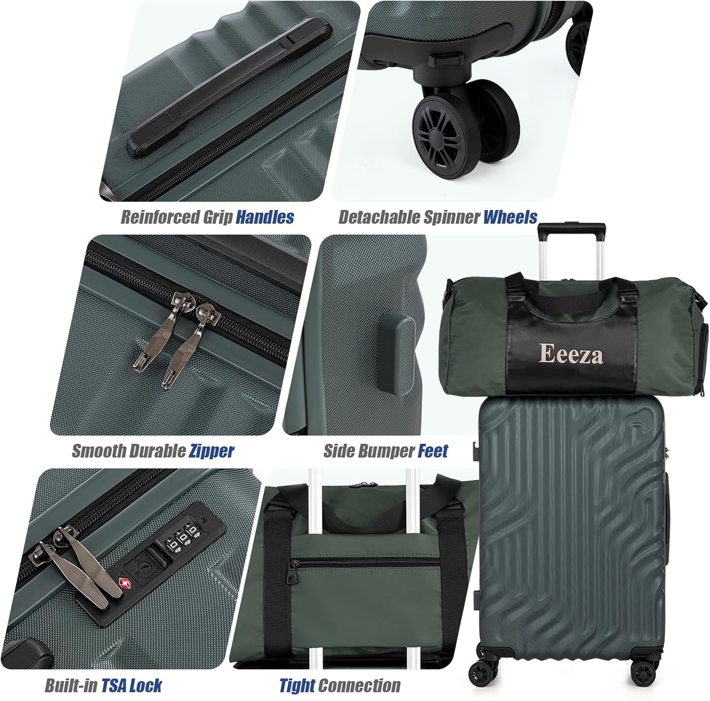 Luggage Sets Suitcase Sets 5 Piece Luggage Sets Suitcase with ABS Hard Shell Lightweight TSA Lock and Double Rotatable Detachable Wheels(DarkGreen,20"/24"/28"/DB/TB)