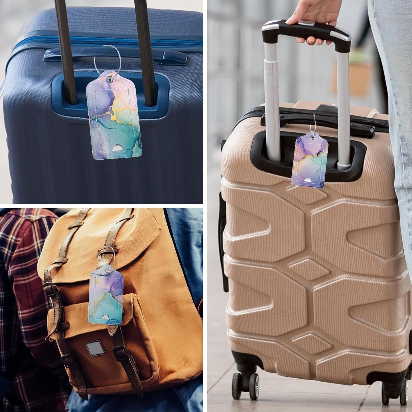 Rimilak 3 Pcs PU Leather Luggage Tags for Suitcase, Travel Cruise Luggage Tag with Privacy Flap, Name ID Label and Metal Loop for Women Men Baggage Handbag School Bag Backpack, Purple Marble