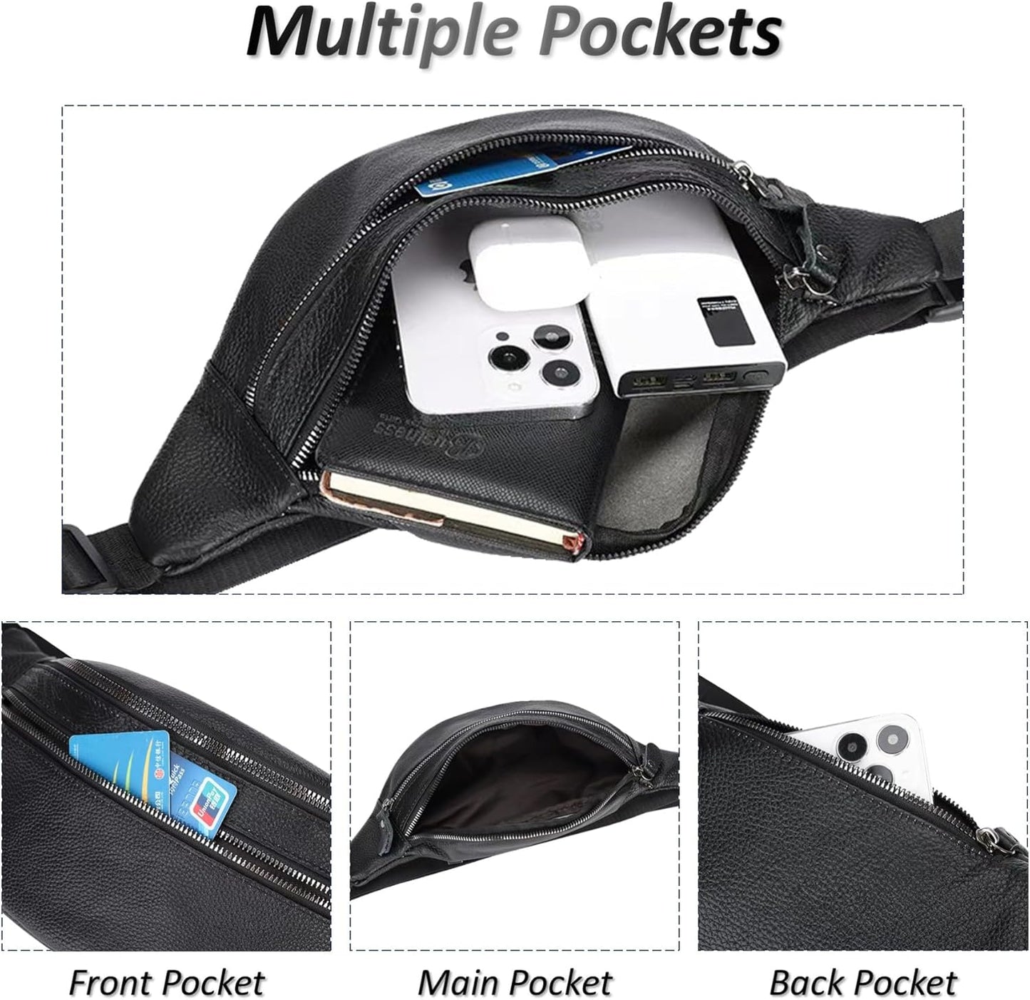 Genuine Leather Waist Bag, Outdoor Travel Waist Pack, Cowhide Leather Fanny Pack with Adjustable Strap, Suitable for Travelling, Outdoor Hiking, Cycling, Running - Black & Large
